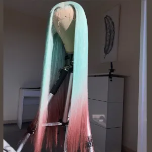 Human Hair Mint Green Ombre Color Lace Front Fashion Wig