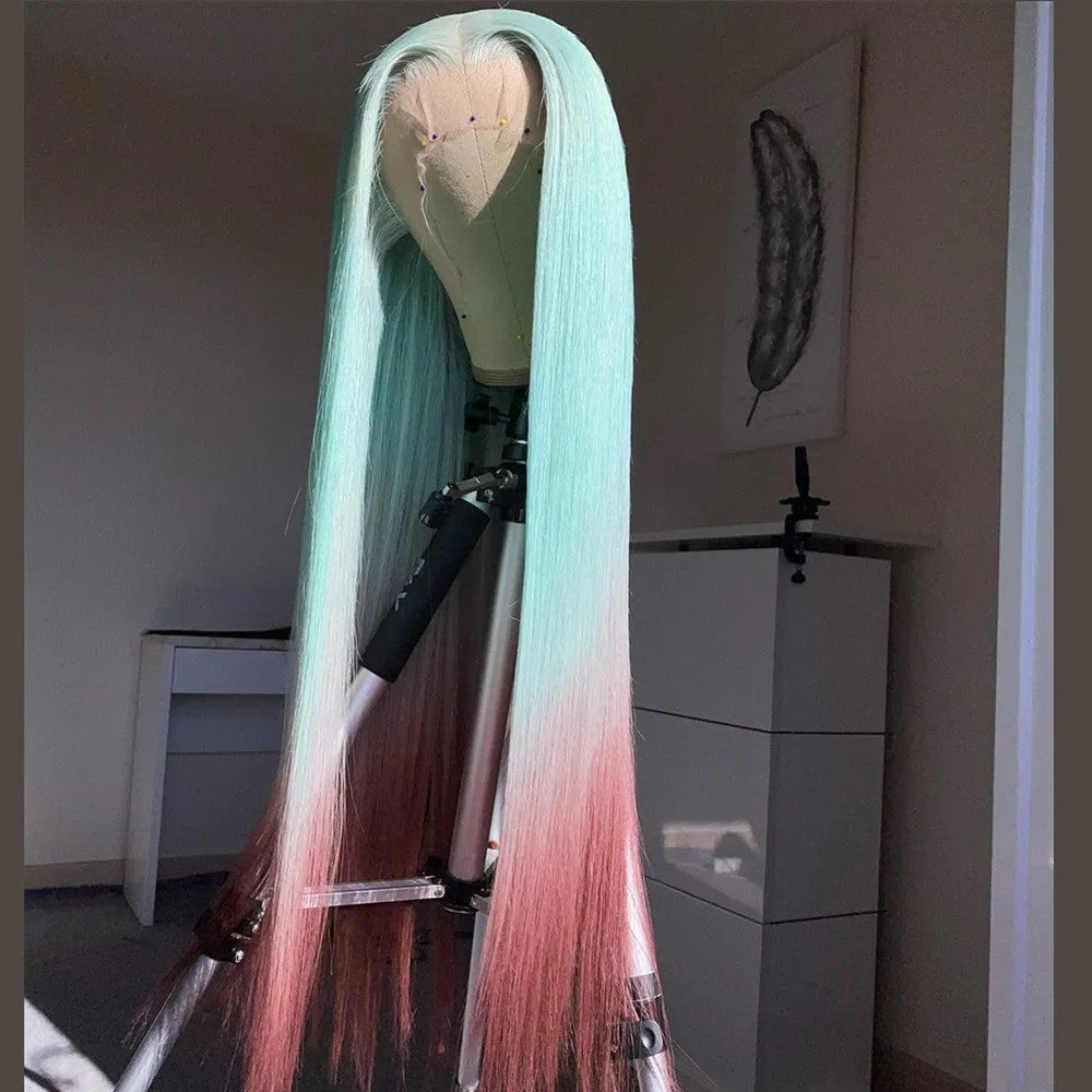 Human Hair Mint Green Ombre Color Lace Front Fashion Wig
