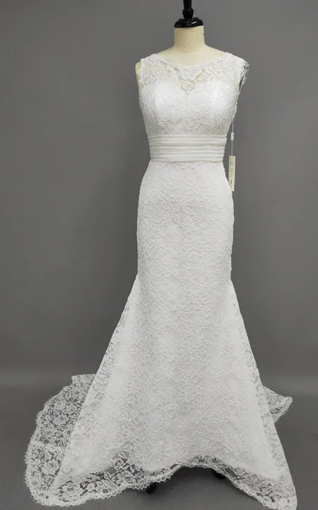 Jeweled Neck Sleeveless Sheath Lace Wedding Dress With Ruched Waist-714663