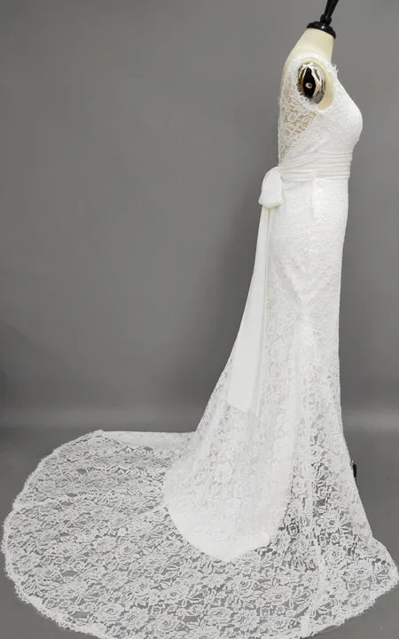 Jeweled Neck Sleeveless Sheath Lace Wedding Dress With Ruched Waist-714663