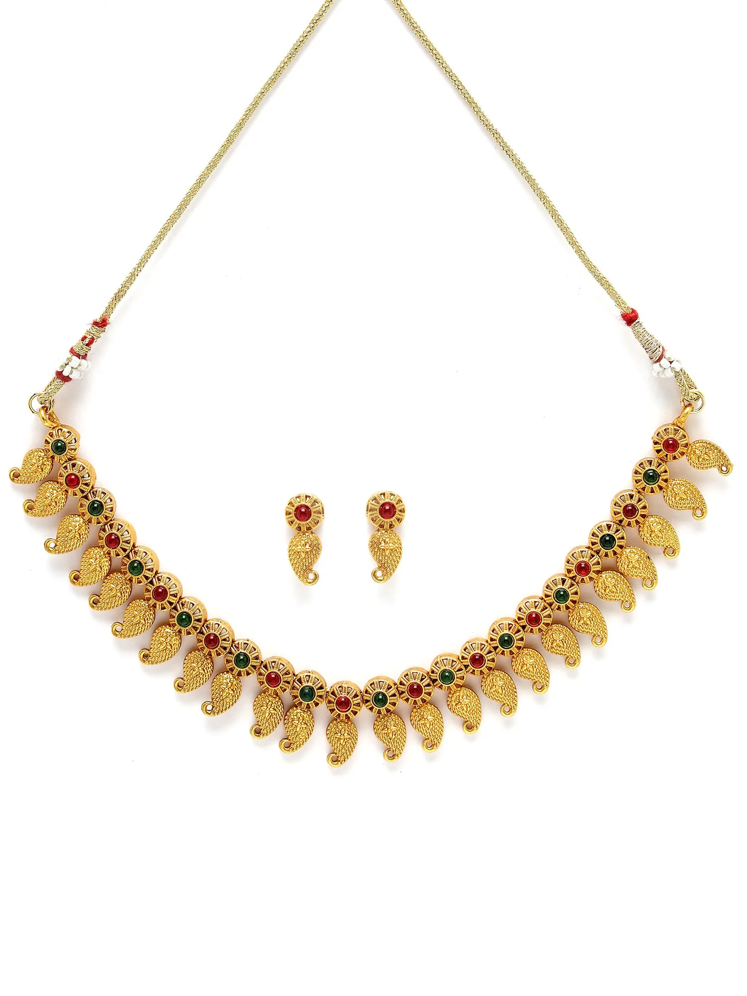 Karatcart Gold Plated Red & Green Stones Drop Shape Jewellery Set for Women