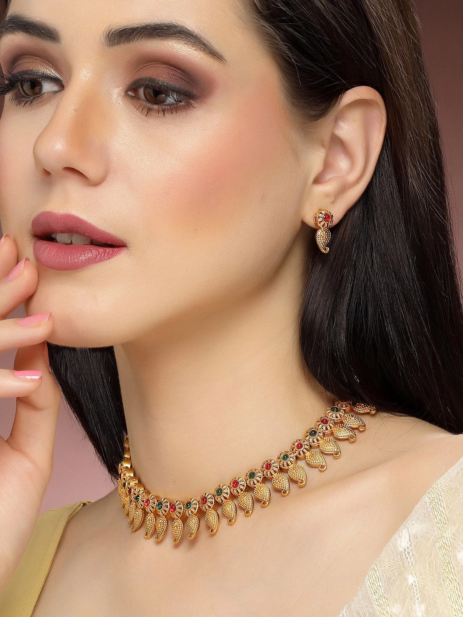 Karatcart Gold Plated Red & Green Stones Drop Shape Jewellery Set for Women