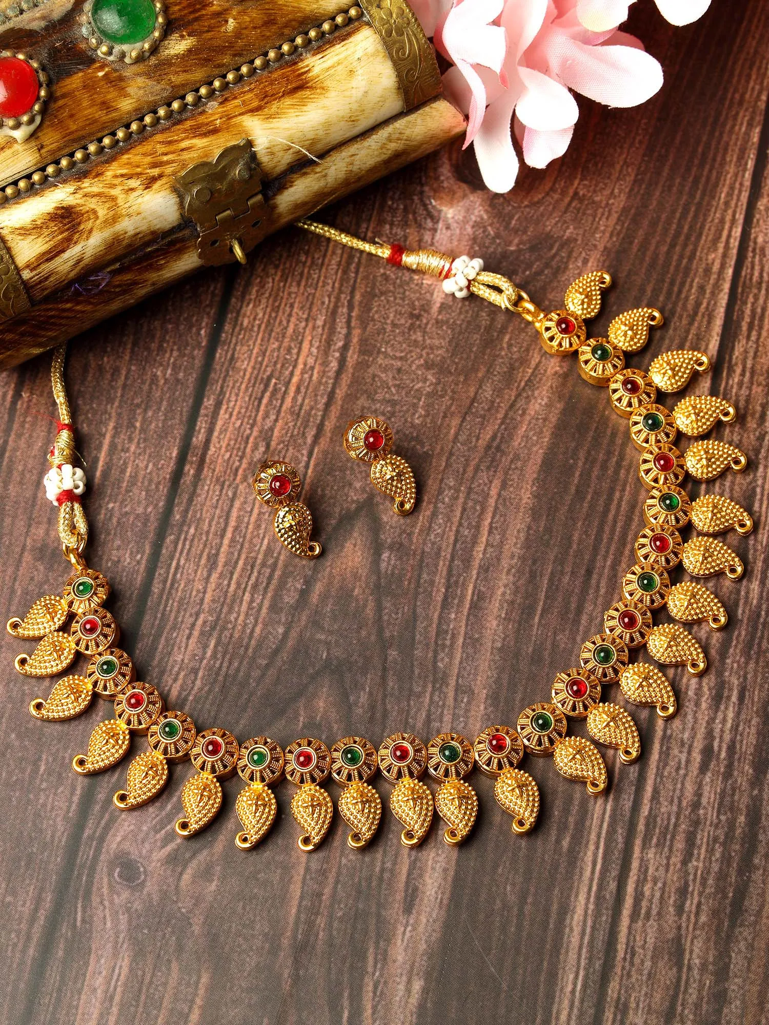 Karatcart Gold Plated Red & Green Stones Drop Shape Jewellery Set for Women
