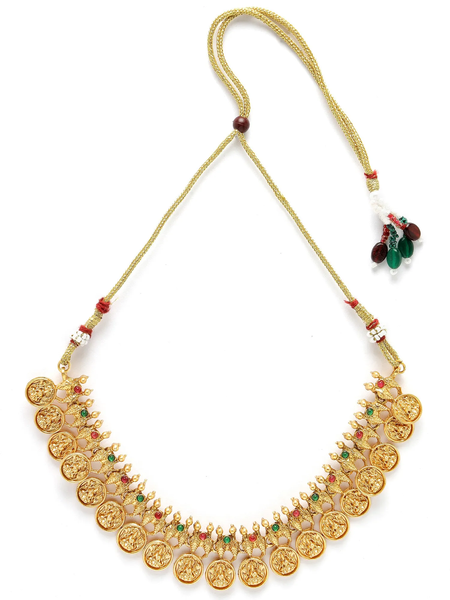 Karatcart Gold-Plated Red & Green Stones Temple Jewellery Set for Women