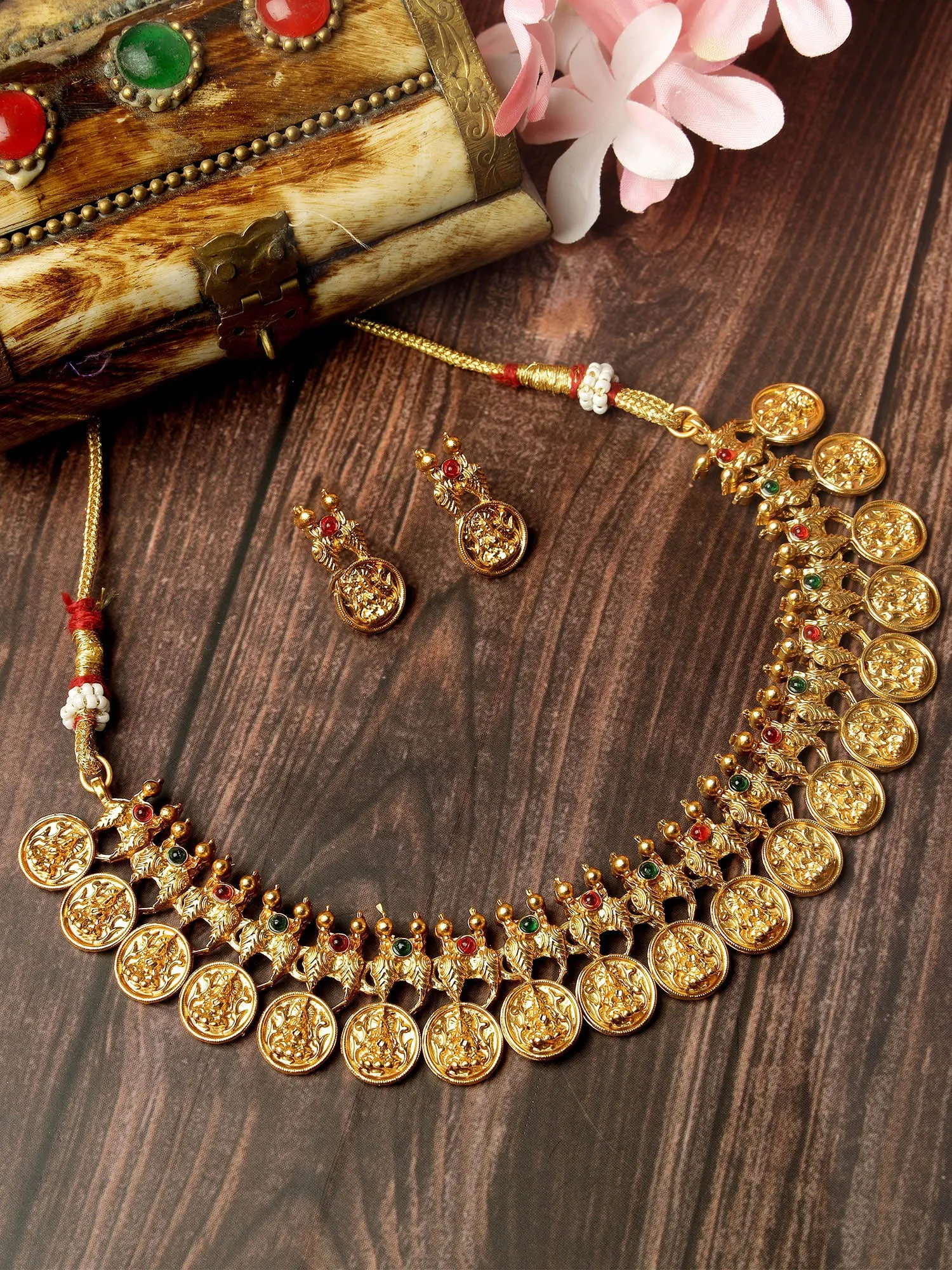 Karatcart Gold-Plated Red & Green Stones Temple Jewellery Set for Women