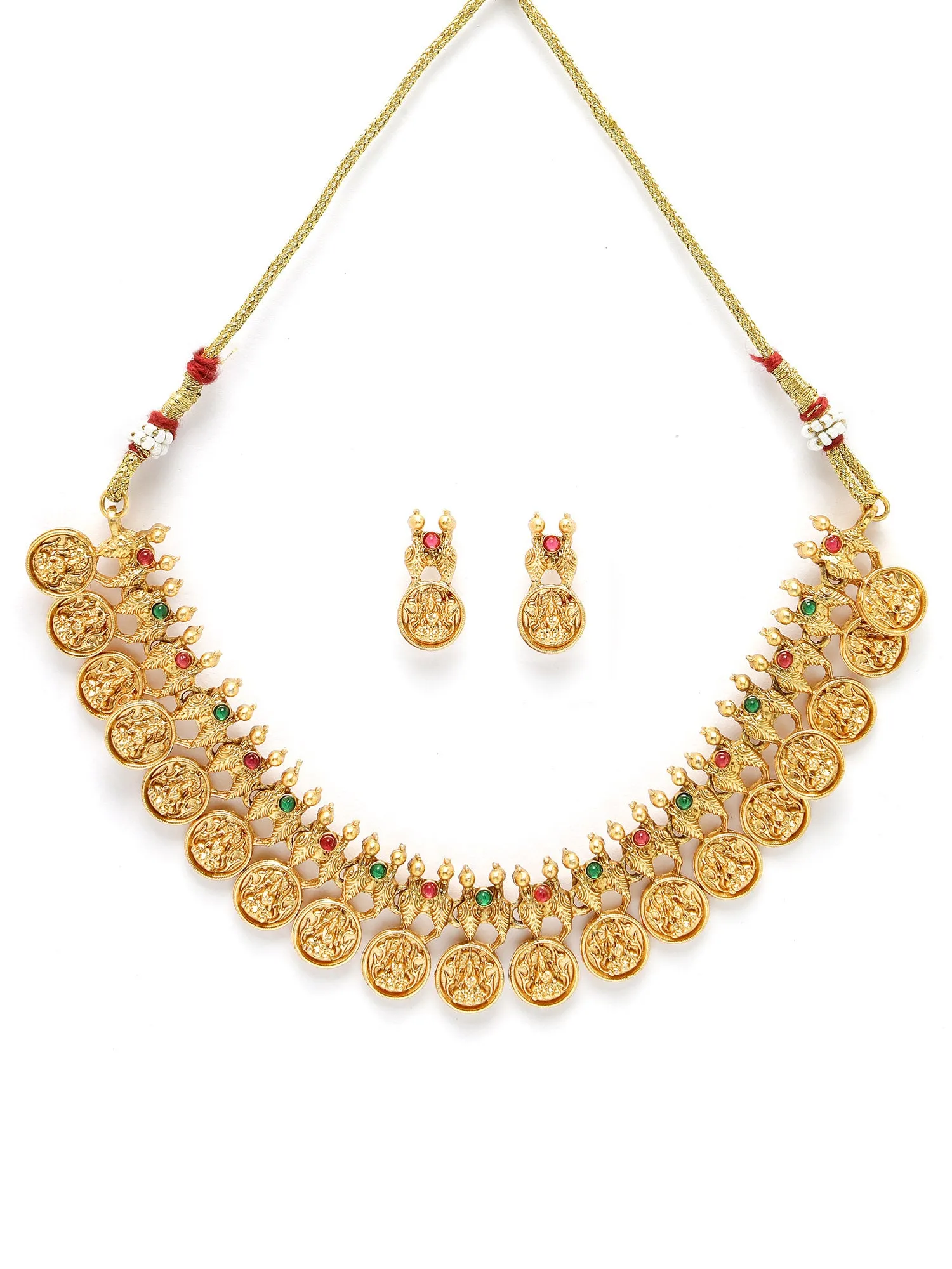 Karatcart Gold-Plated Red & Green Stones Temple Jewellery Set for Women