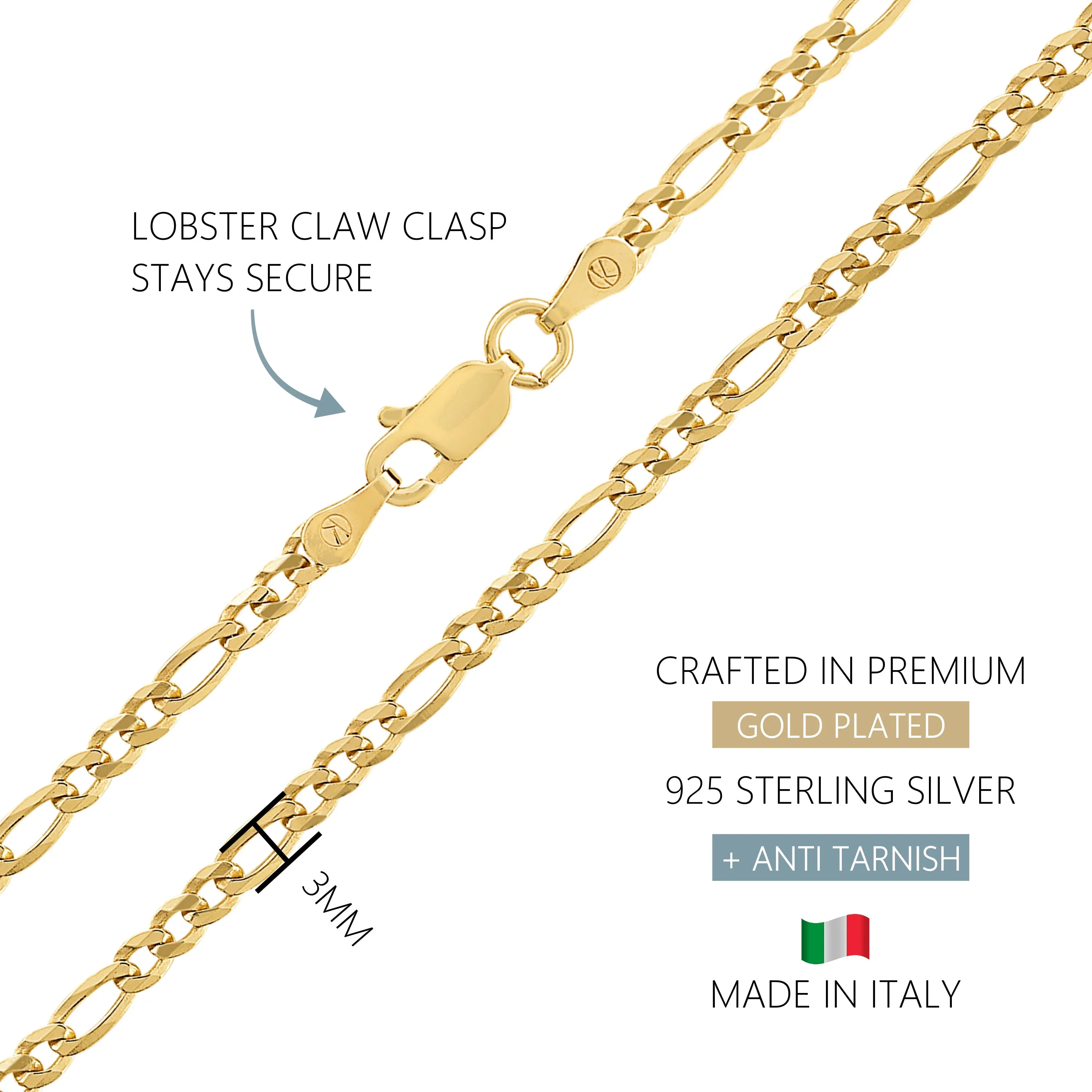 KISPER 18k Gold over 925 Sterling Silver Italian 3mm Figaro Chain Necklace w/ Lobster Clasp
