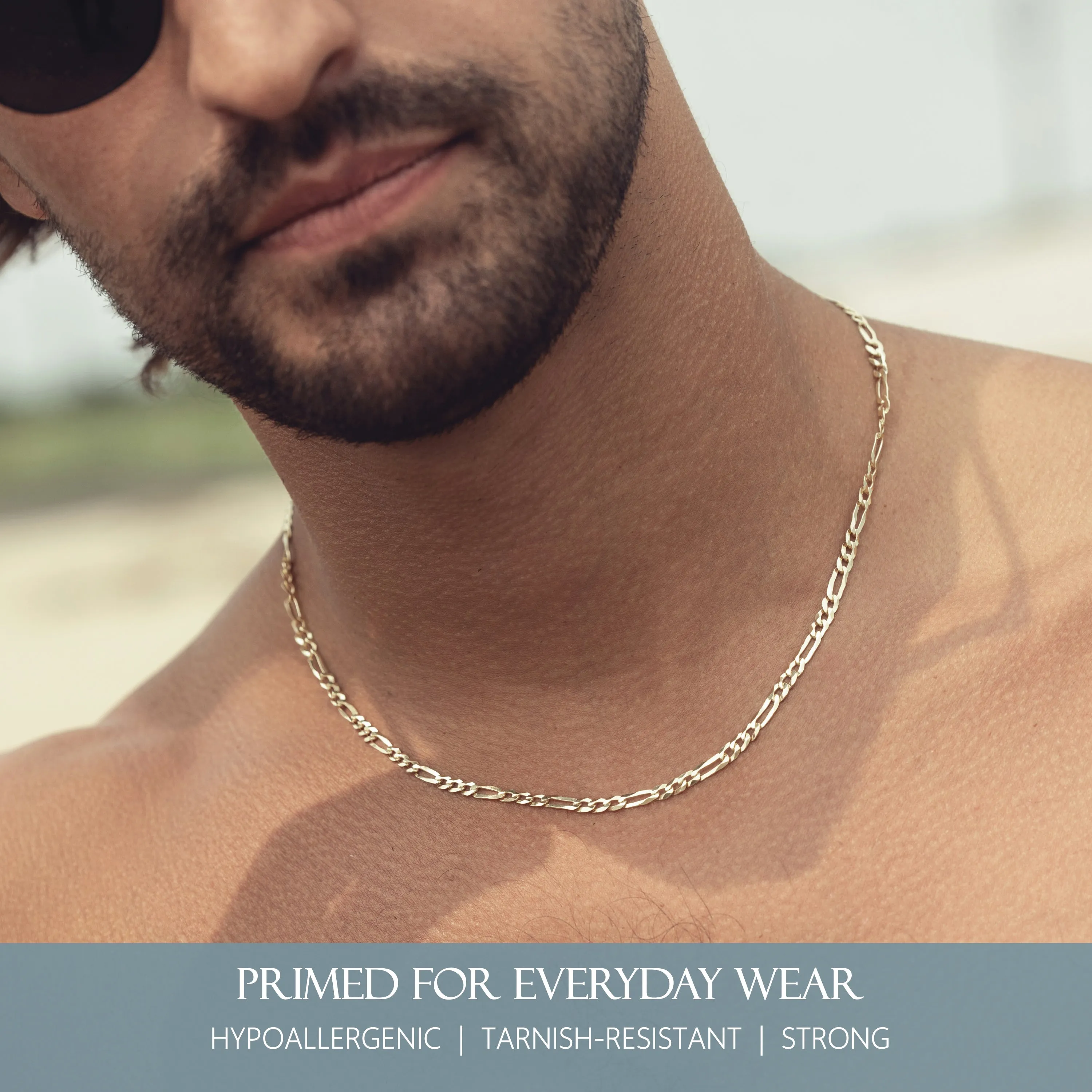 KISPER 18k Gold over 925 Sterling Silver Italian 3mm Figaro Chain Necklace w/ Lobster Clasp