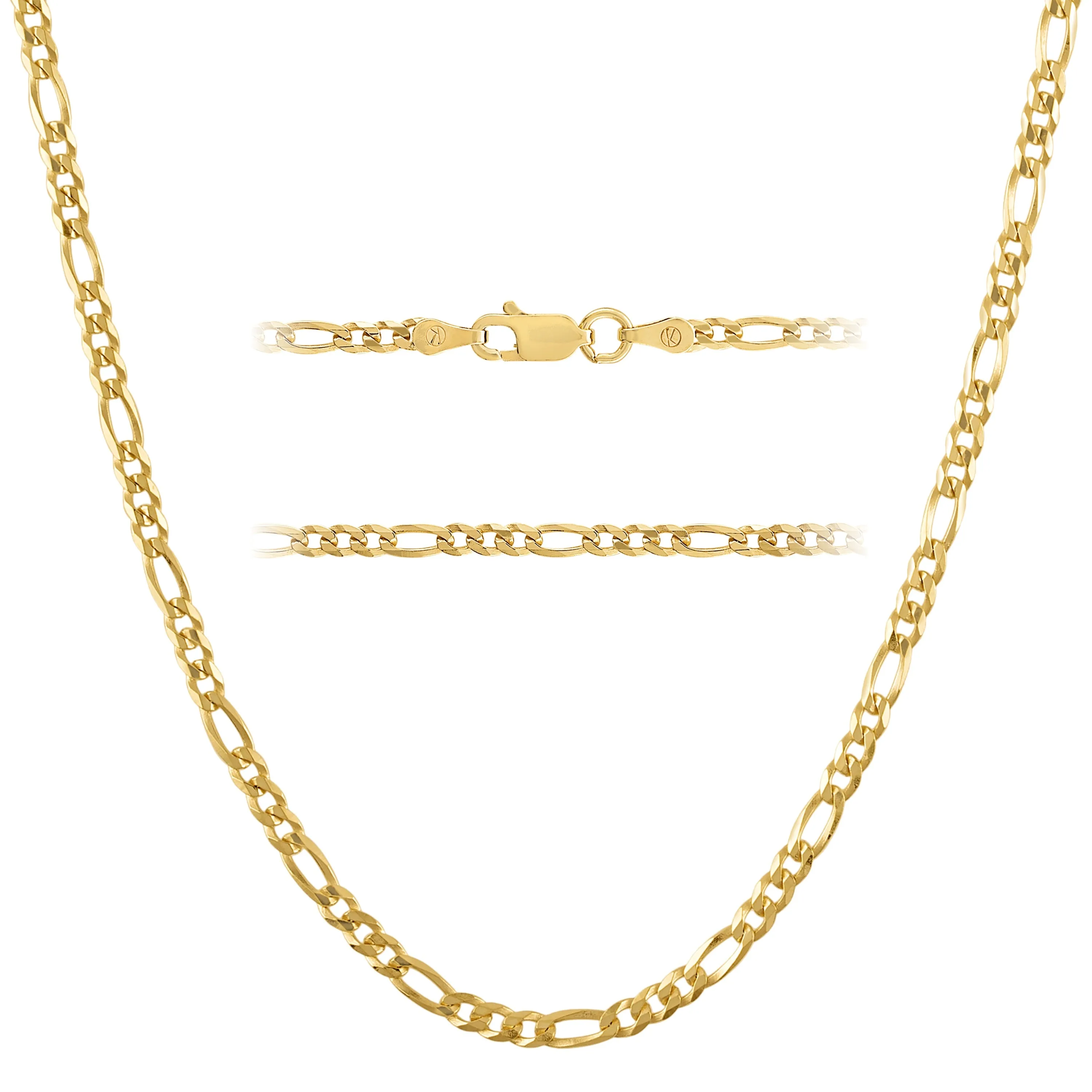 KISPER 18k Gold over 925 Sterling Silver Italian 3mm Figaro Chain Necklace w/ Lobster Clasp