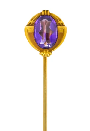Krementz Art Nouveau Amethyst Cabochon 14 Karat Gold Geometric Stickpin