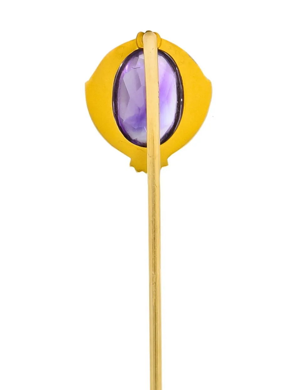 Krementz Art Nouveau Amethyst Cabochon 14 Karat Gold Geometric Stickpin