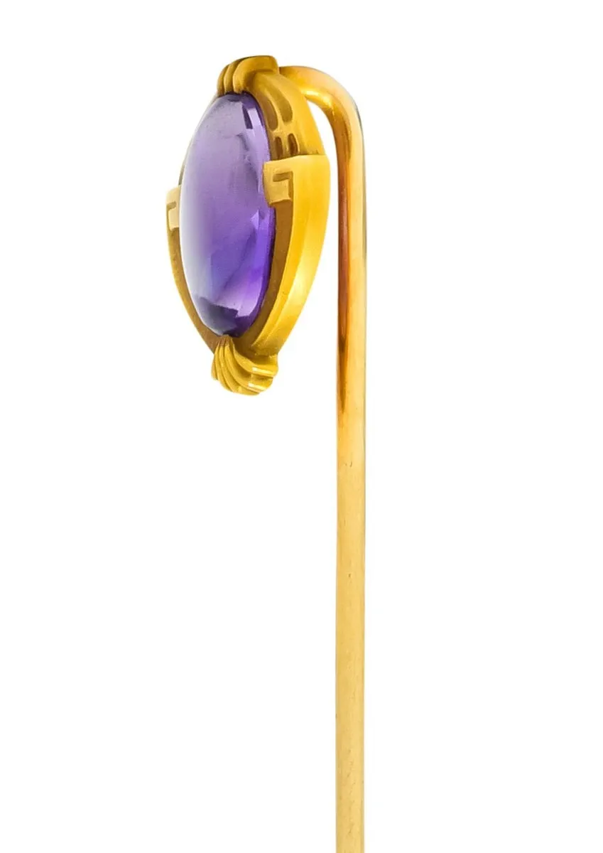 Krementz Art Nouveau Amethyst Cabochon 14 Karat Gold Geometric Stickpin