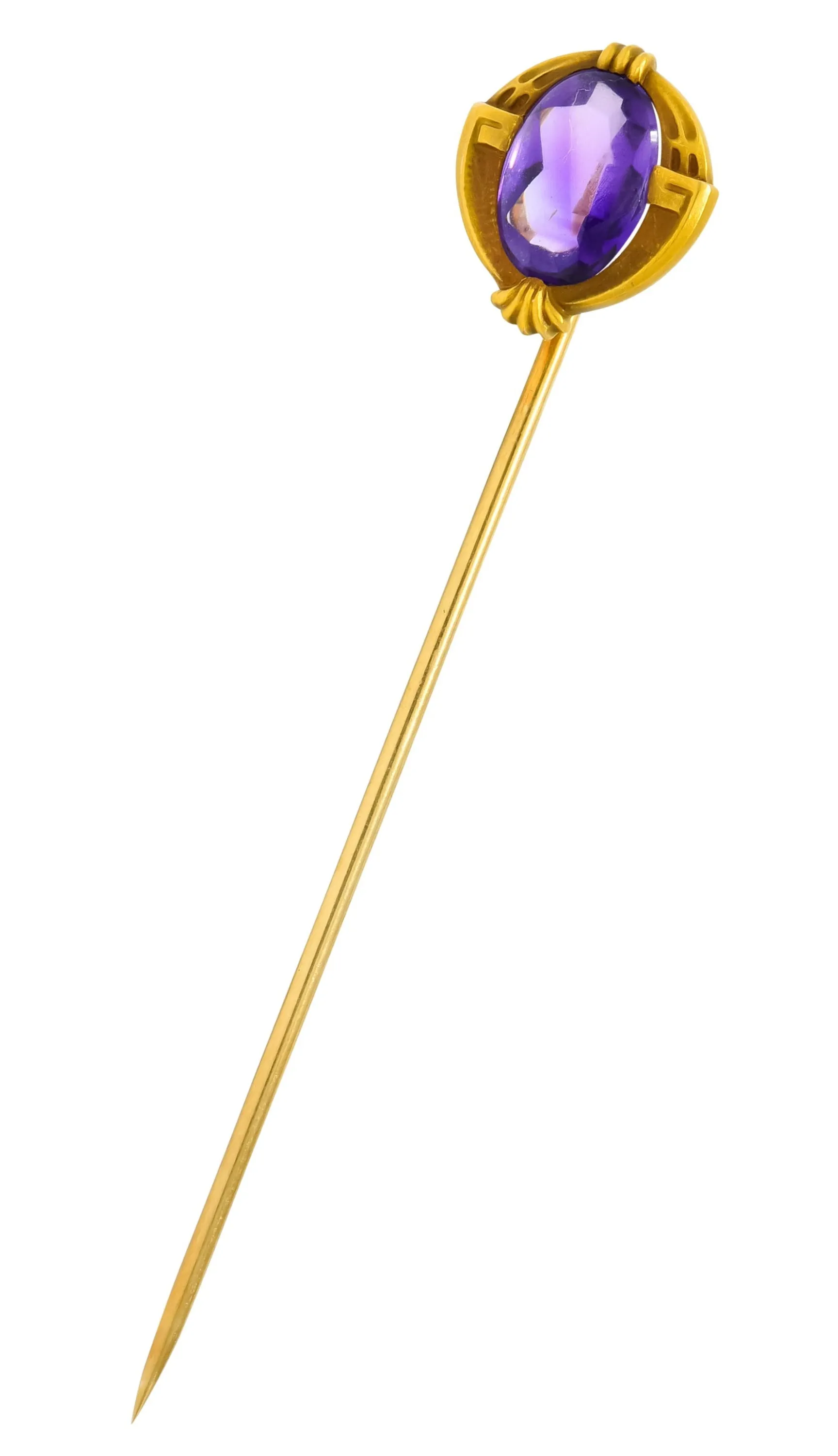 Krementz Art Nouveau Amethyst Cabochon 14 Karat Gold Geometric Stickpin