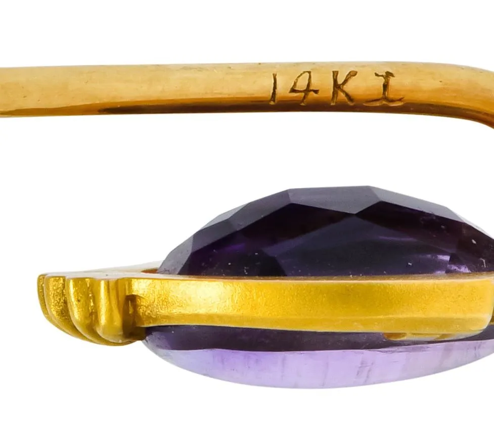 Krementz Art Nouveau Amethyst Cabochon 14 Karat Gold Geometric Stickpin
