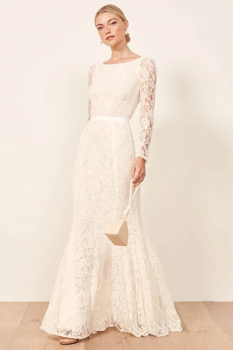 Lace Long Sleeves Wedding Dress with V back