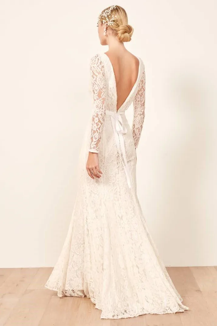 Lace Long Sleeves Wedding Dress with V back