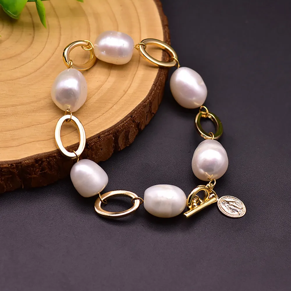 Large Baroque Natural Freshwater Pearl Bracelet Woman Fashion Jewelry 7.5"