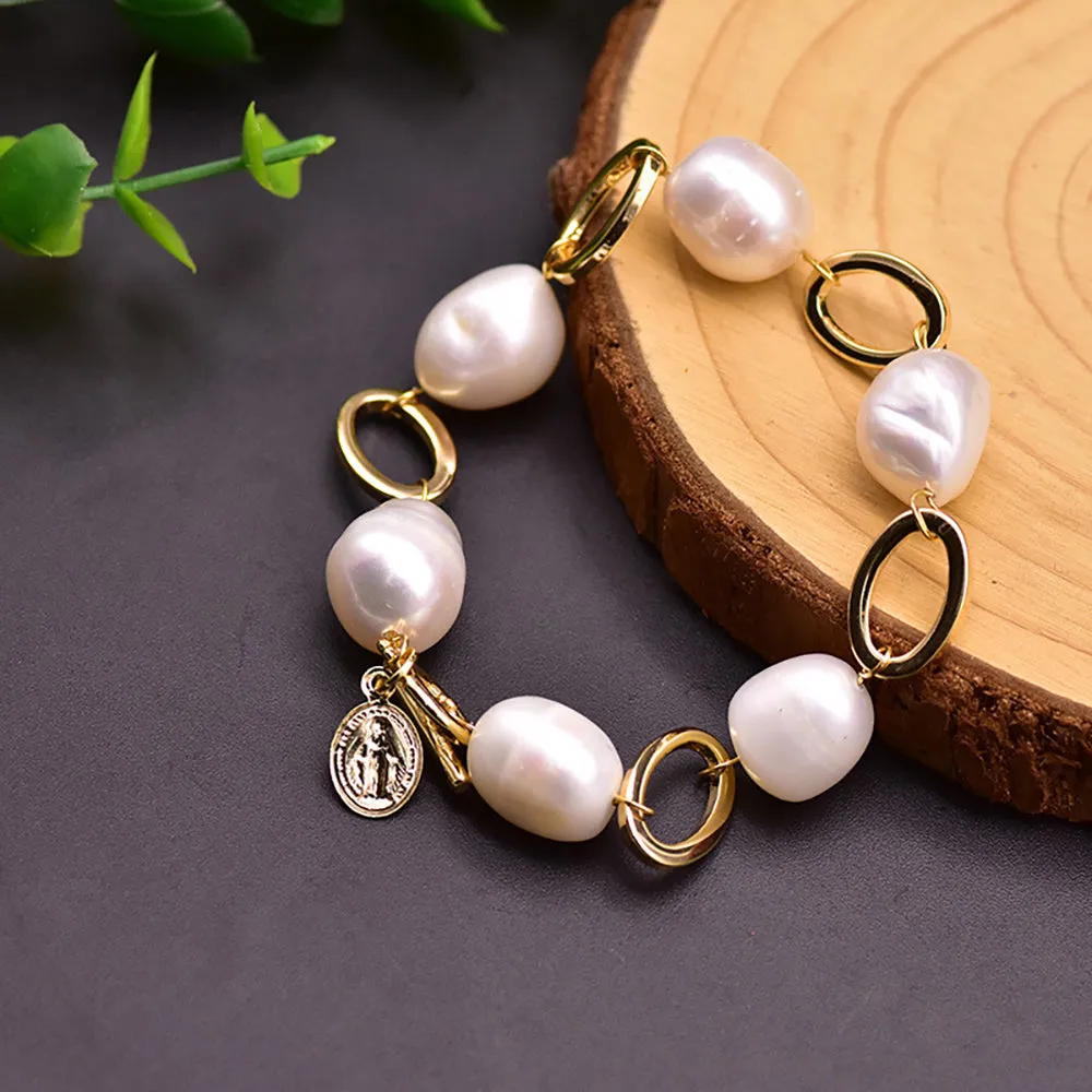 Large Baroque Natural Freshwater Pearl Bracelet Woman Fashion Jewelry 7.5"