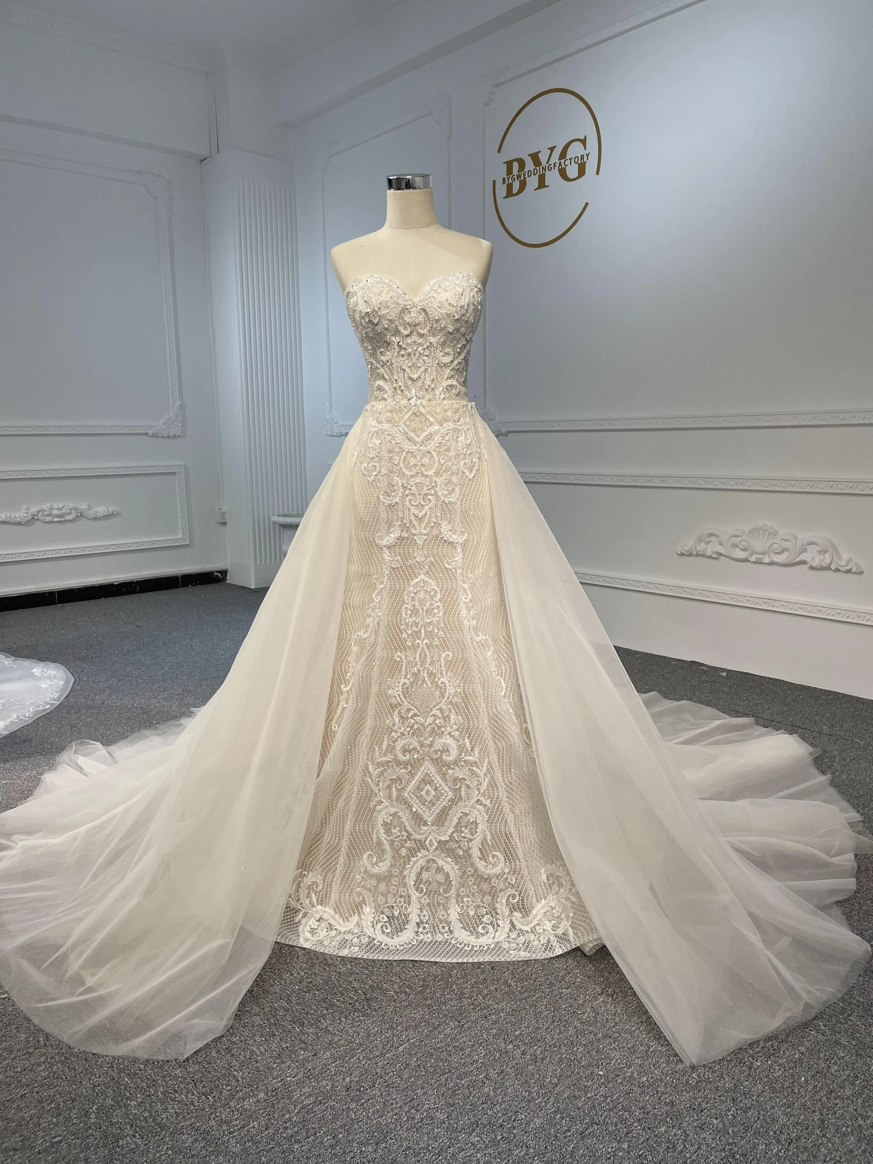 LB03- Sweetheart neckline nude color beading lace mermaid dress with detachable train