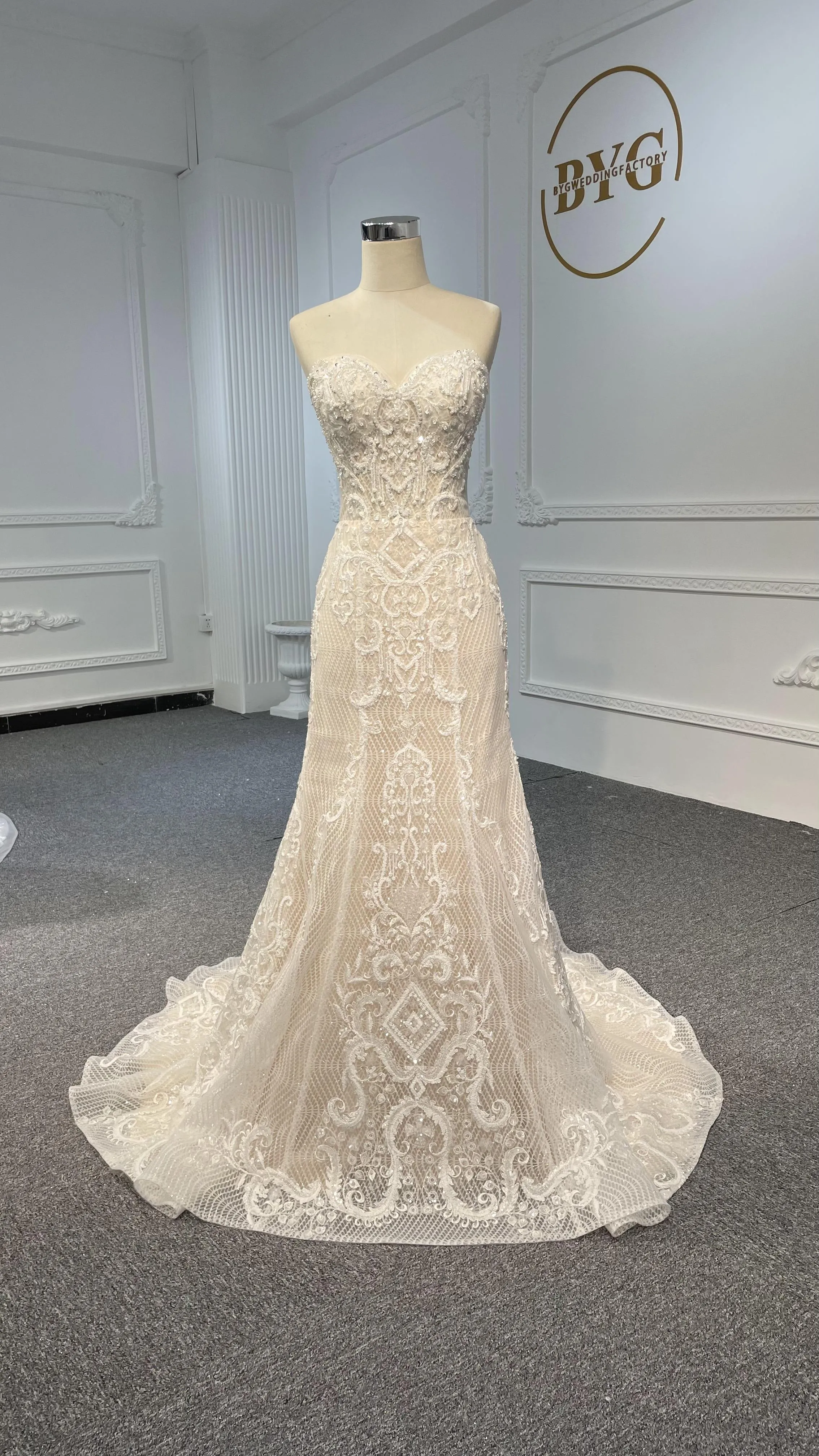 LB03- Sweetheart neckline nude color beading lace mermaid dress with detachable train