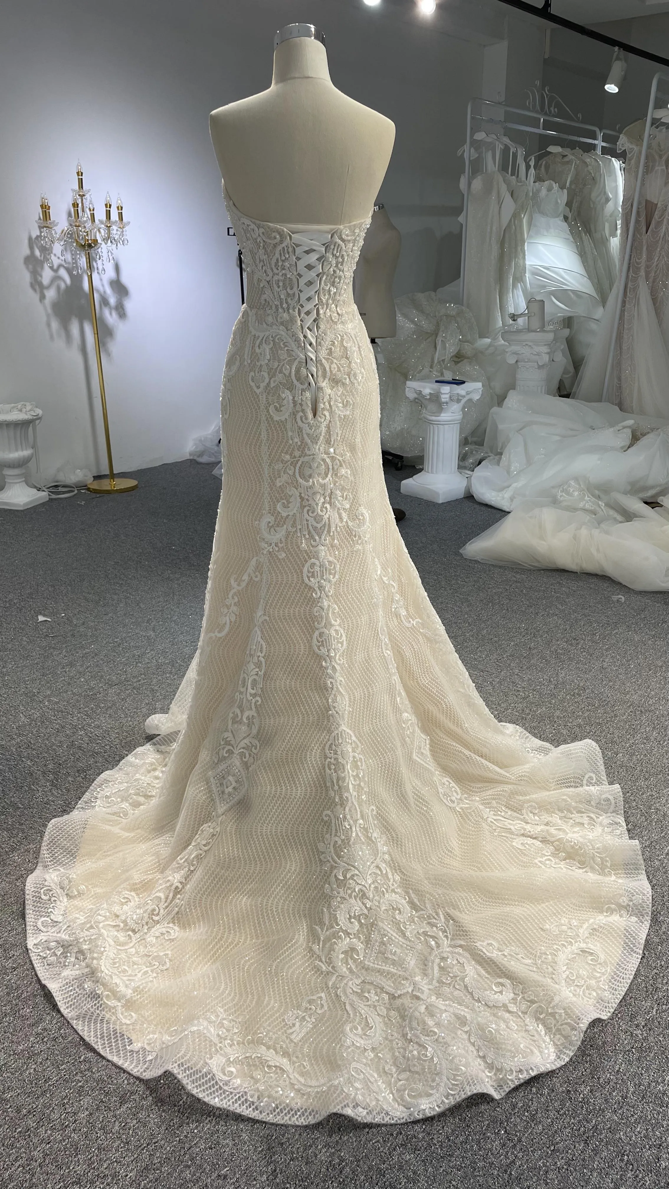 LB03- Sweetheart neckline nude color beading lace mermaid dress with detachable train