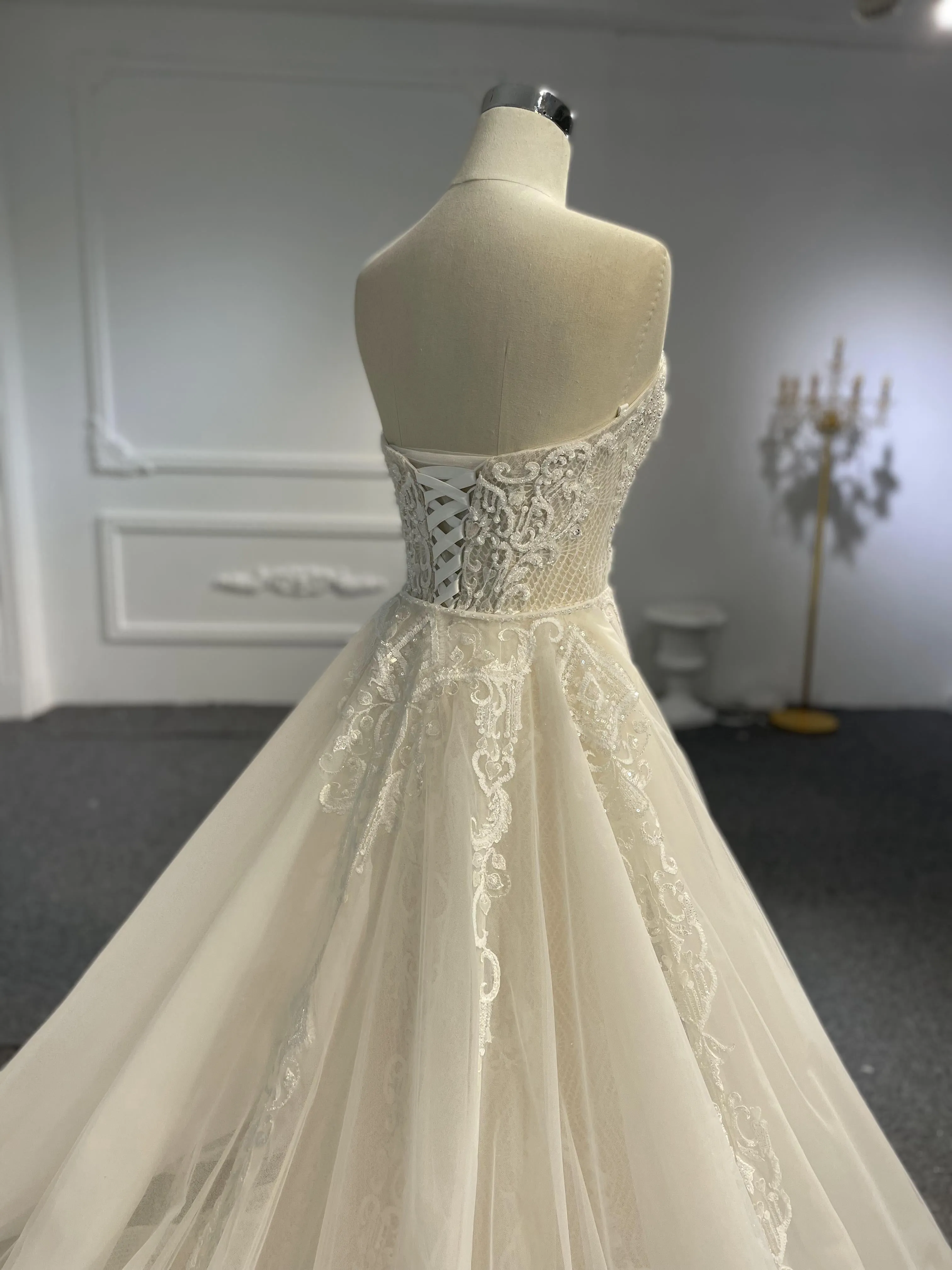 LB03- Sweetheart neckline nude color beading lace mermaid dress with detachable train
