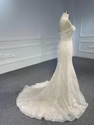 LB03- Sweetheart neckline nude color beading lace mermaid dress with detachable train