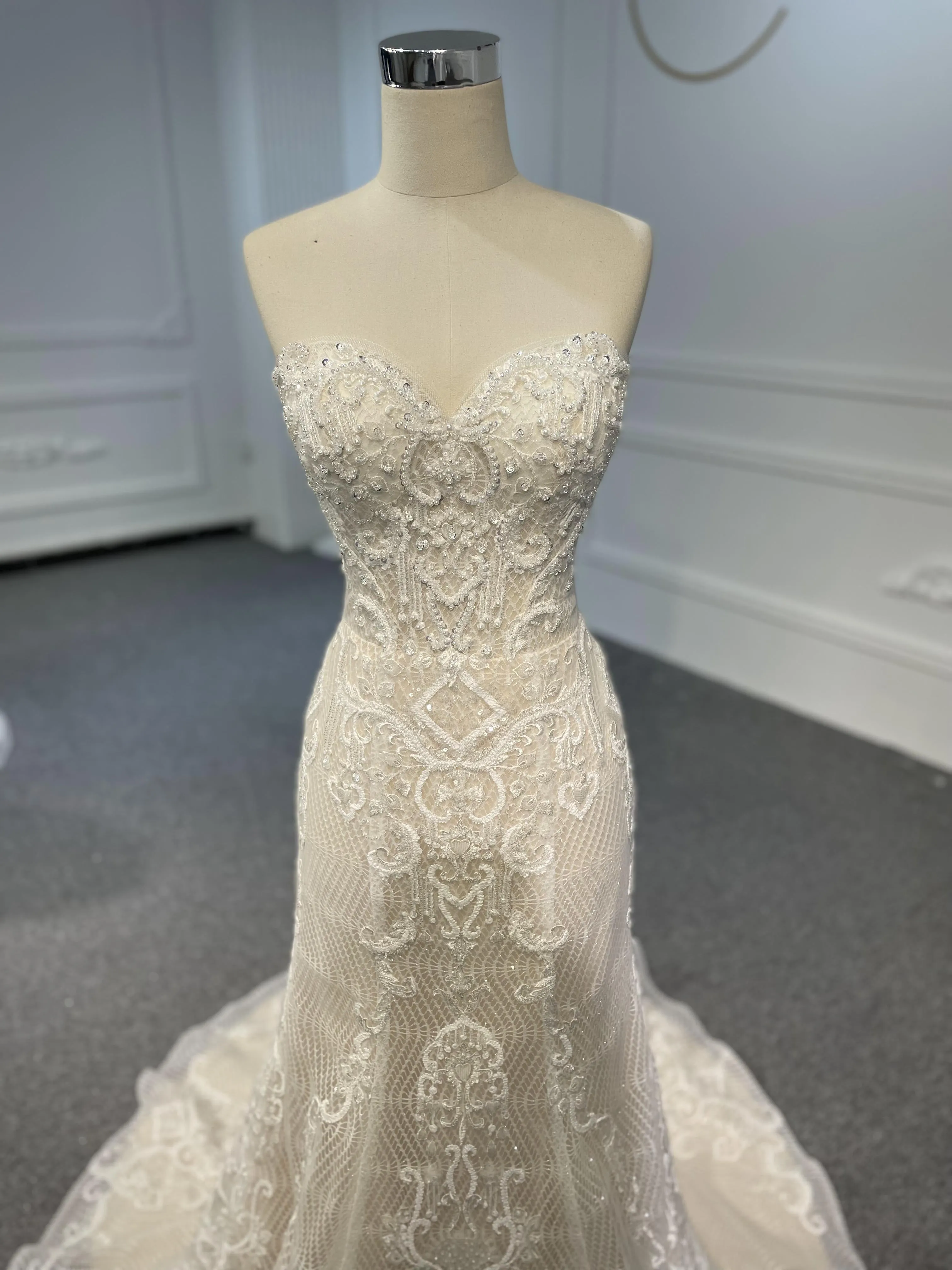 LB03- Sweetheart neckline nude color beading lace mermaid dress with detachable train