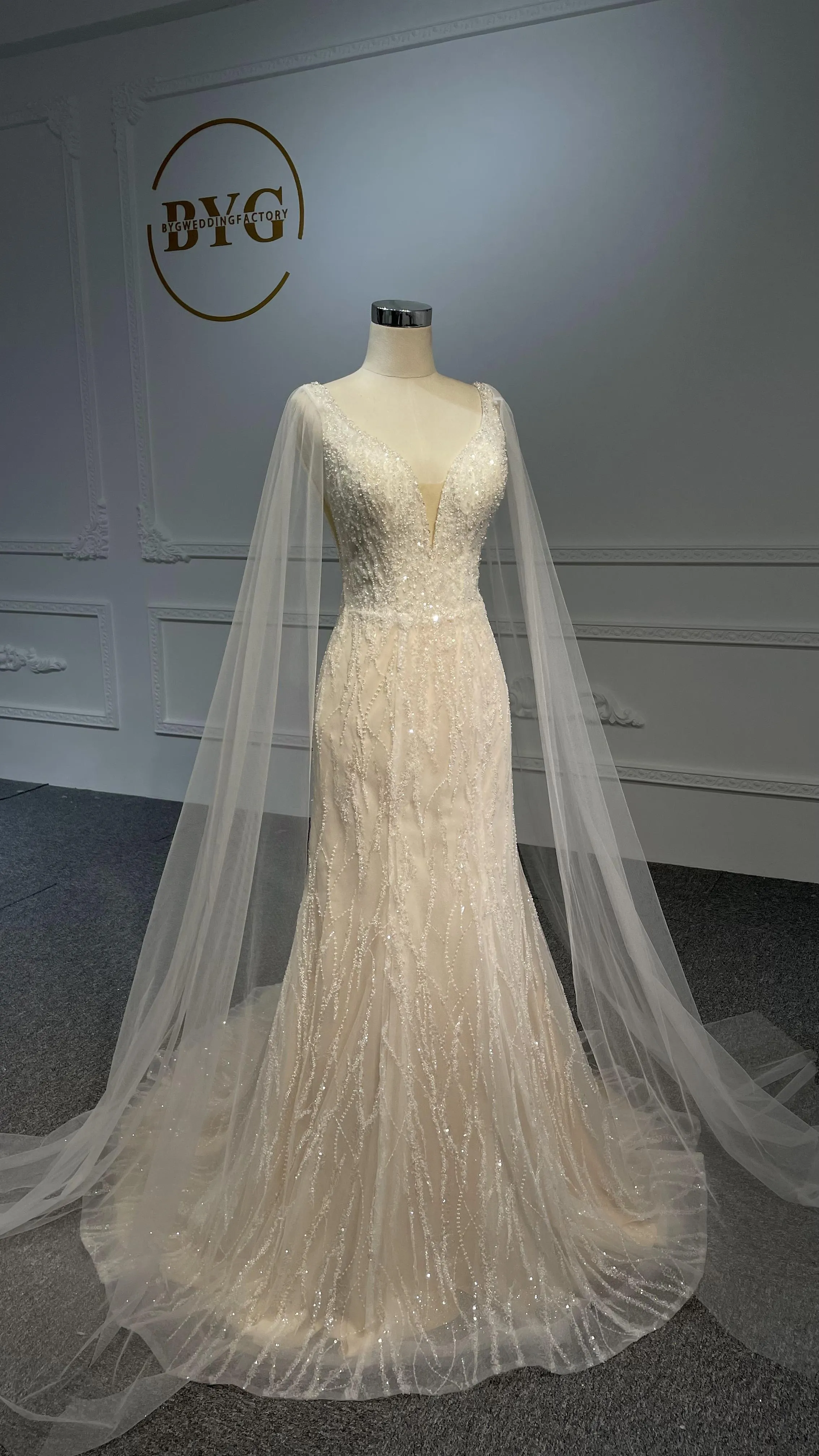 LB04- Tulle shawl open back nude color mermaid dress