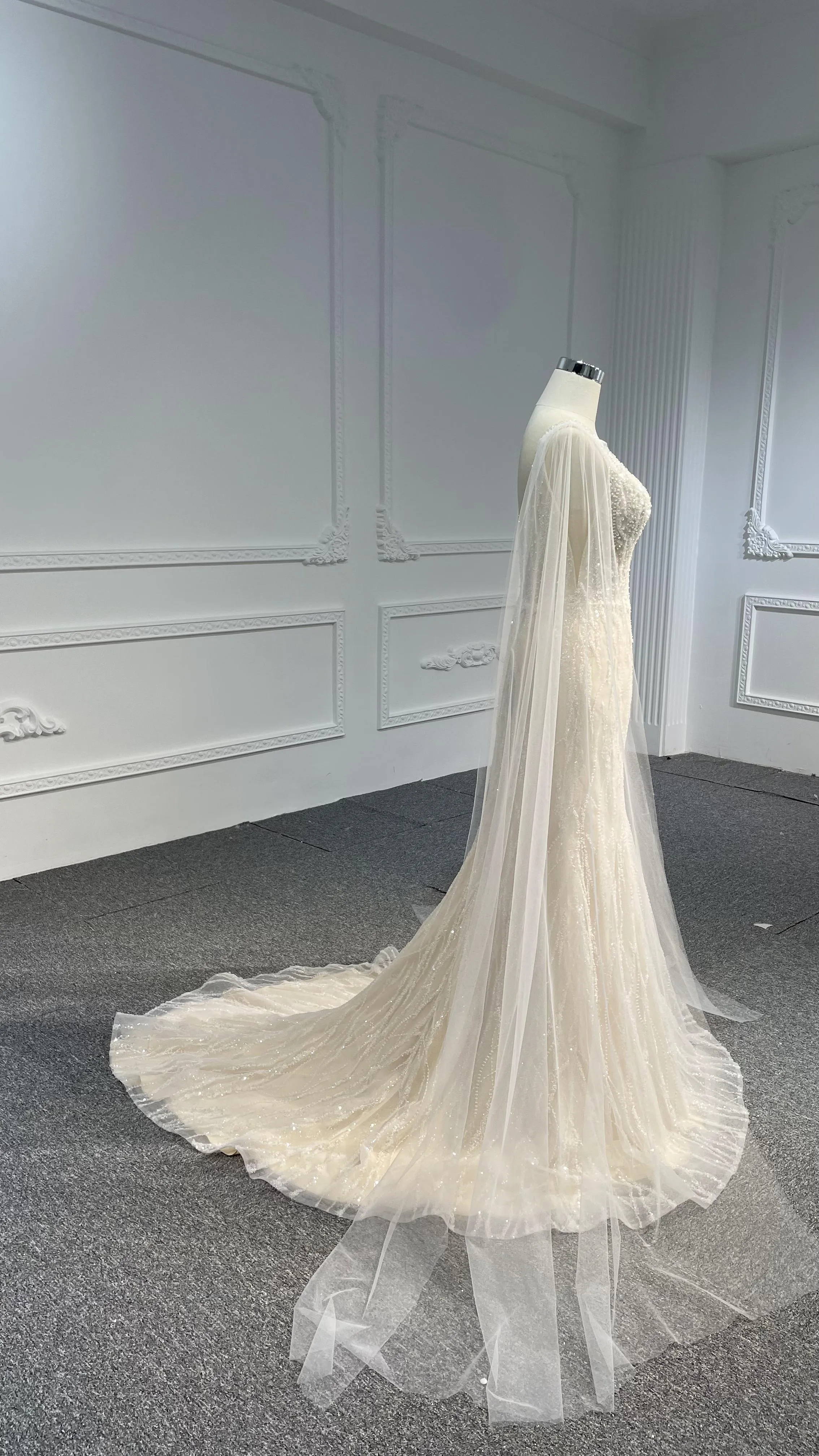 LB04- Tulle shawl open back nude color mermaid dress