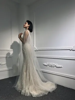 LB04- Tulle shawl open back nude color mermaid dress
