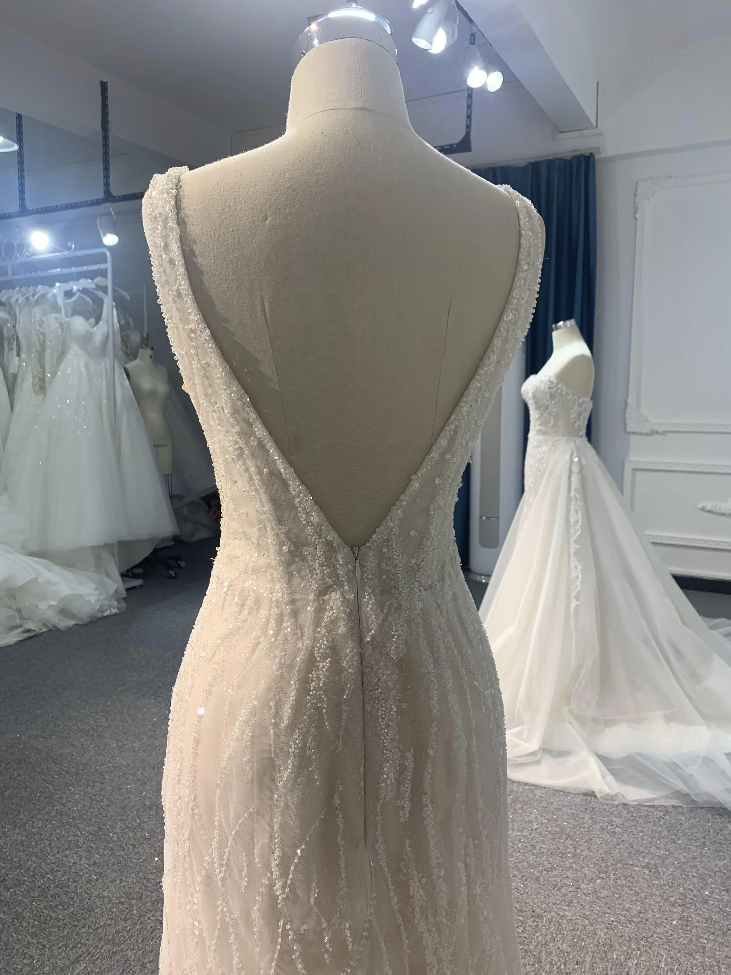 LB04- Tulle shawl open back nude color mermaid dress