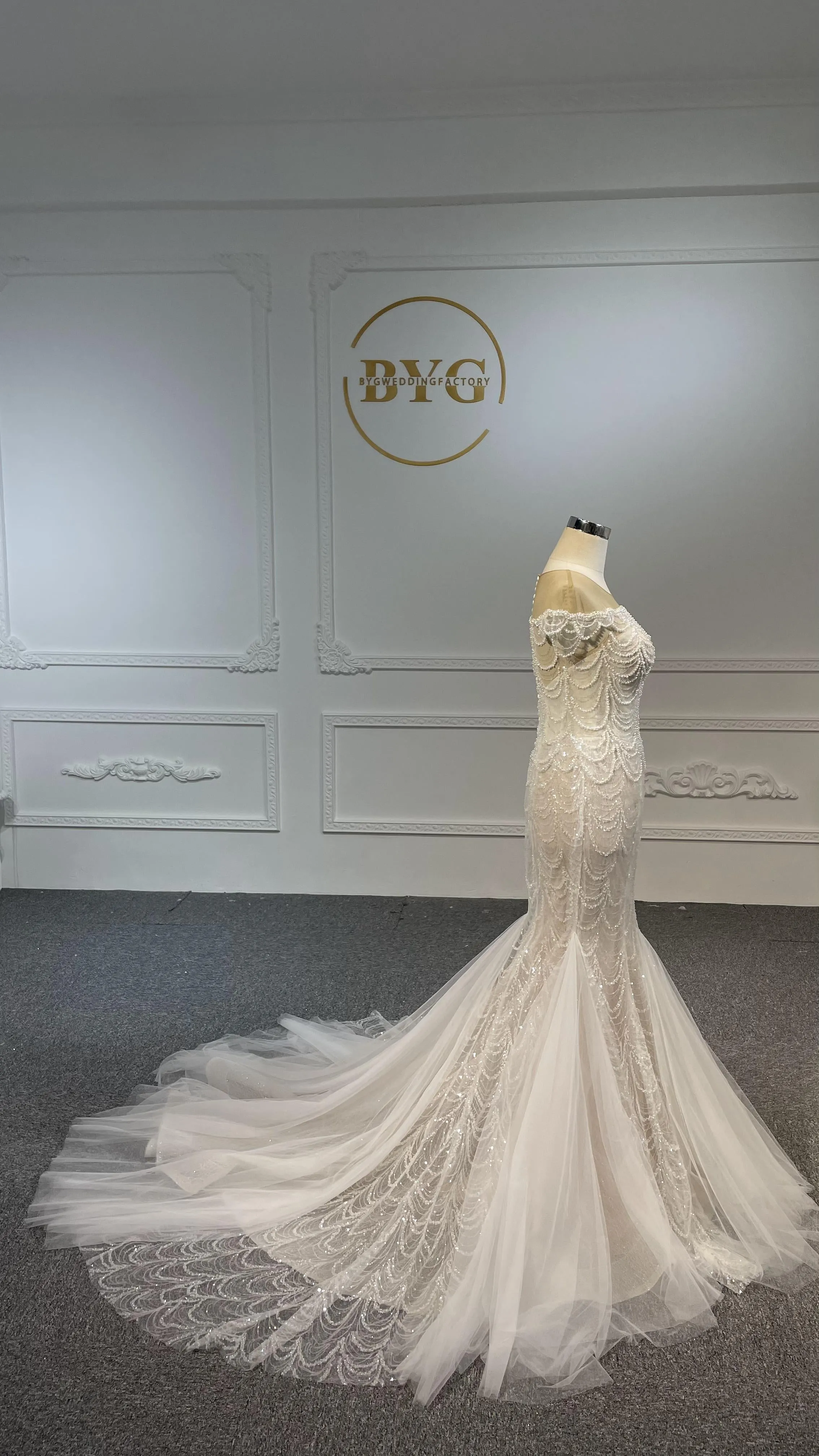 LB05- Long tulle tail nude color mermaid dress with heavy beading lace