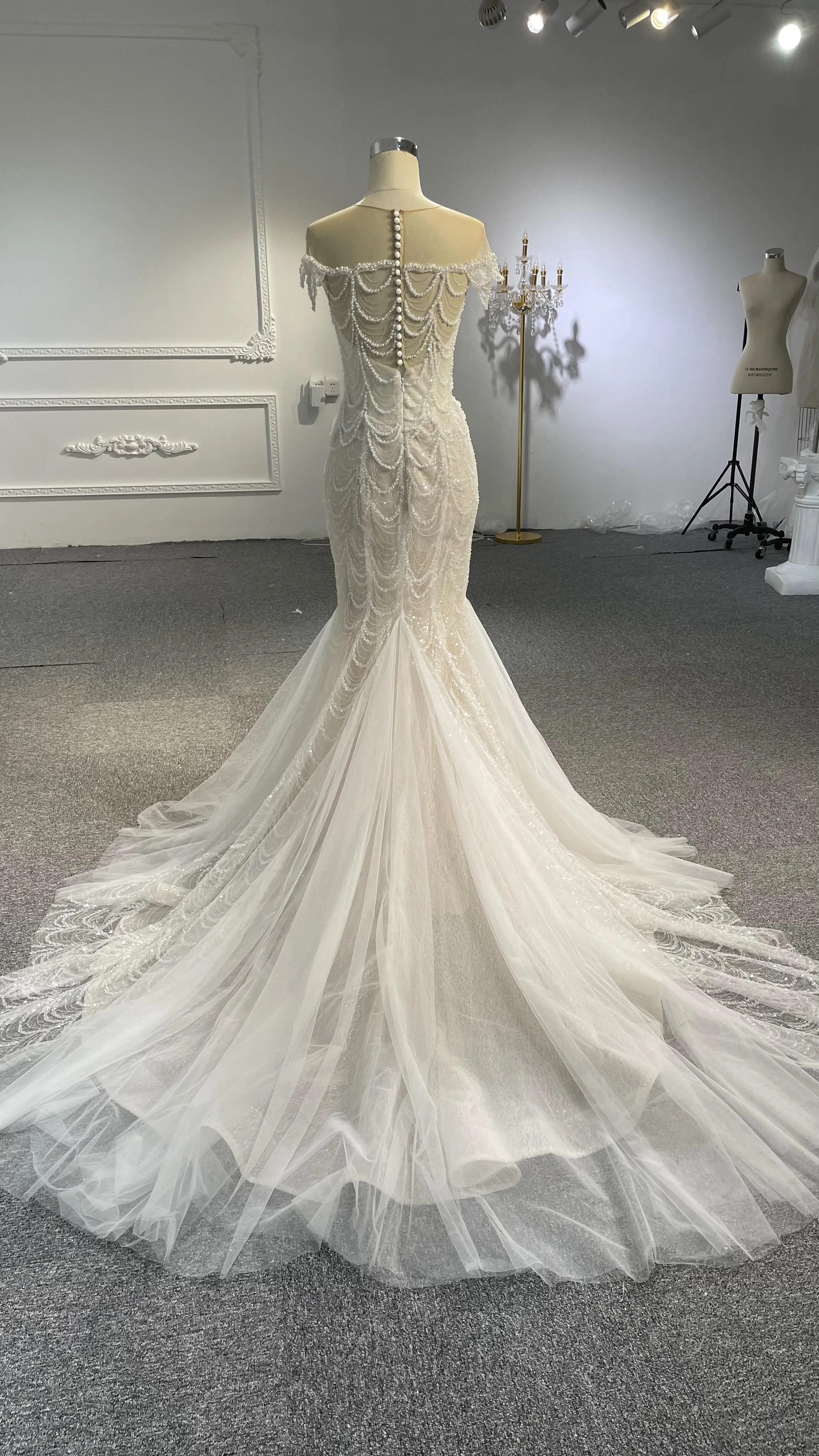 LB05- Long tulle tail nude color mermaid dress with heavy beading lace