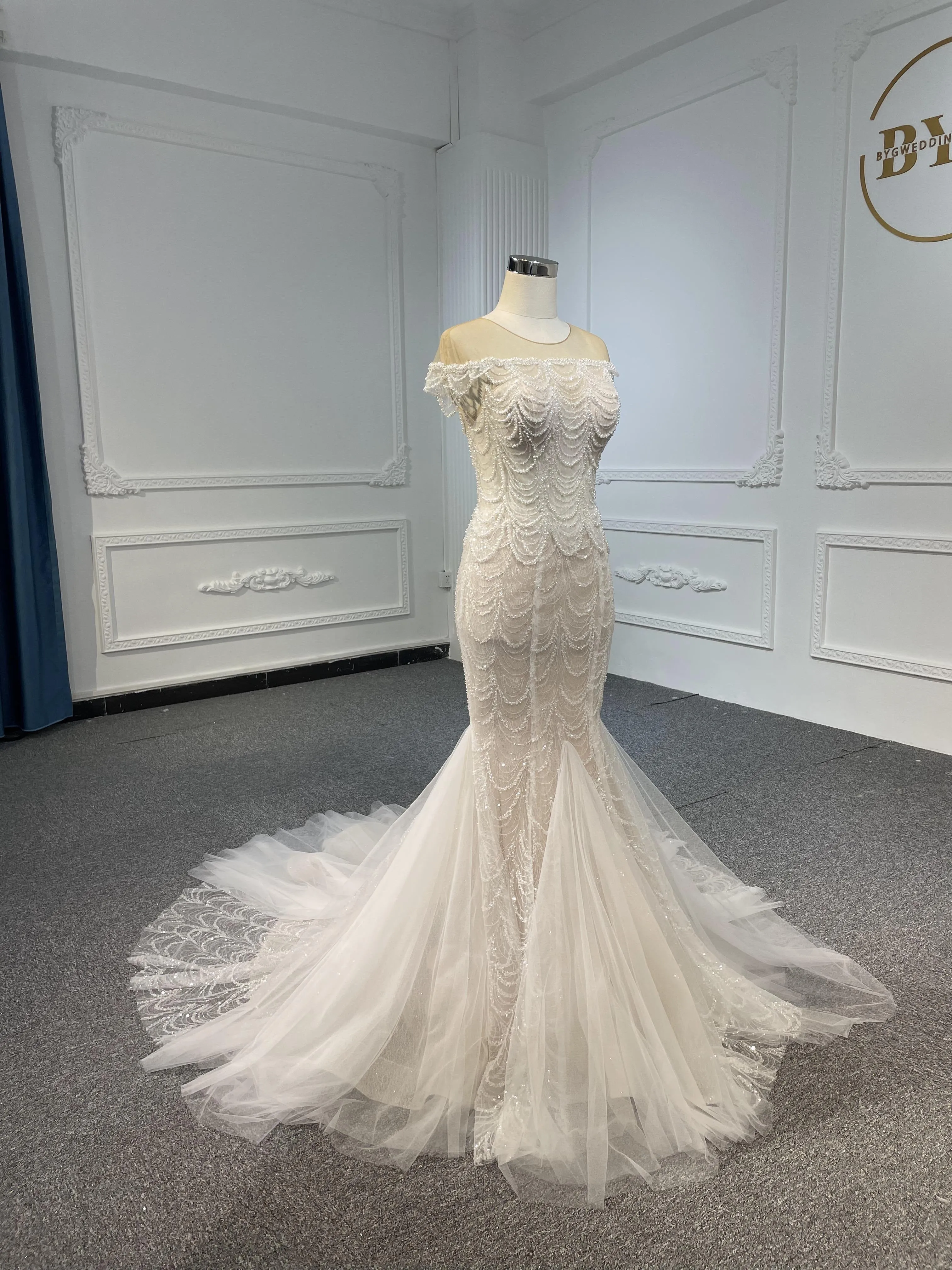 LB05- Long tulle tail nude color mermaid dress with heavy beading lace