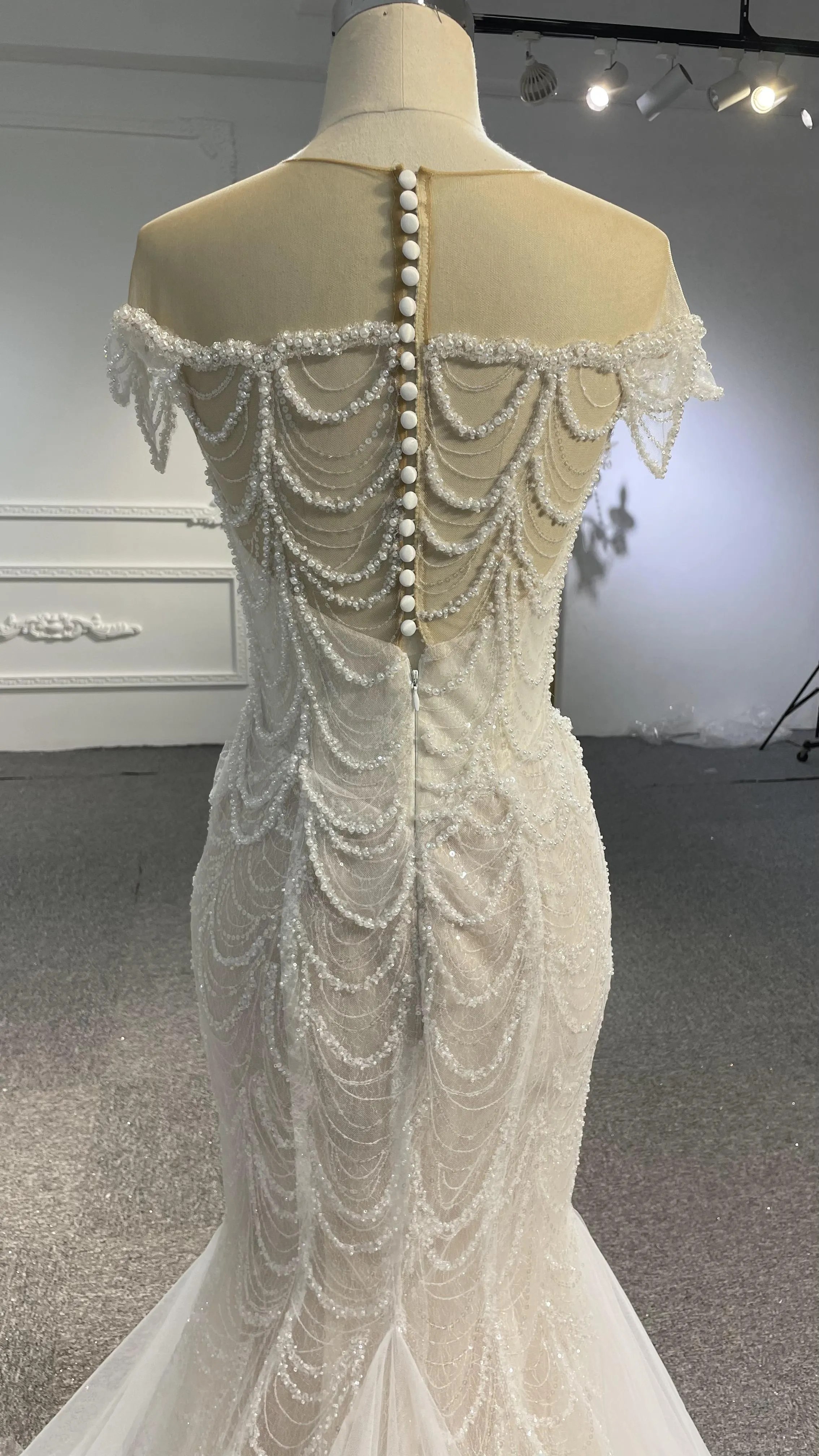 LB05- Long tulle tail nude color mermaid dress with heavy beading lace