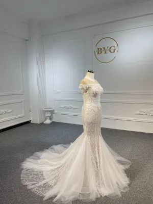 LB05- Long tulle tail nude color mermaid dress with heavy beading lace