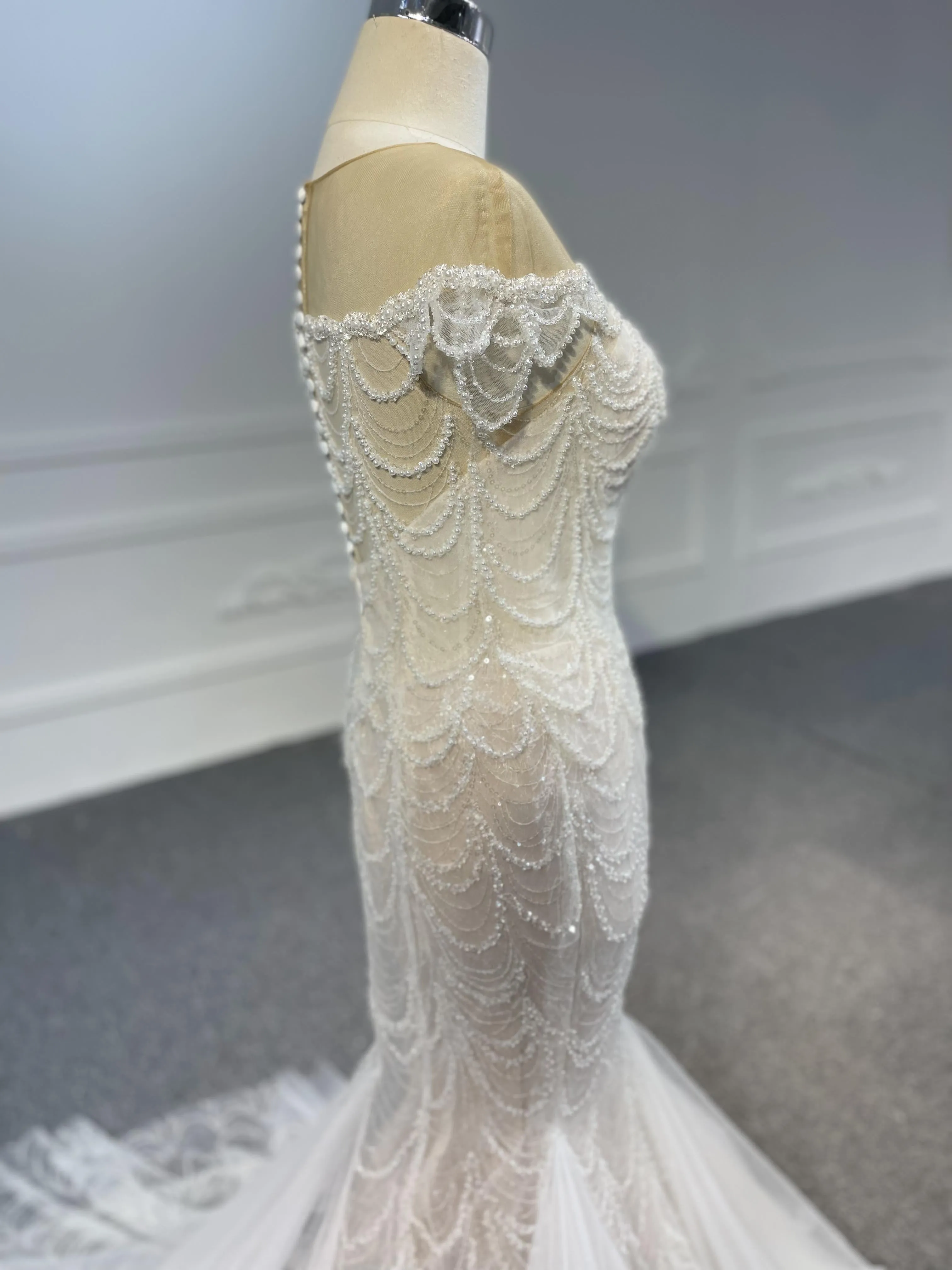 LB05- Long tulle tail nude color mermaid dress with heavy beading lace