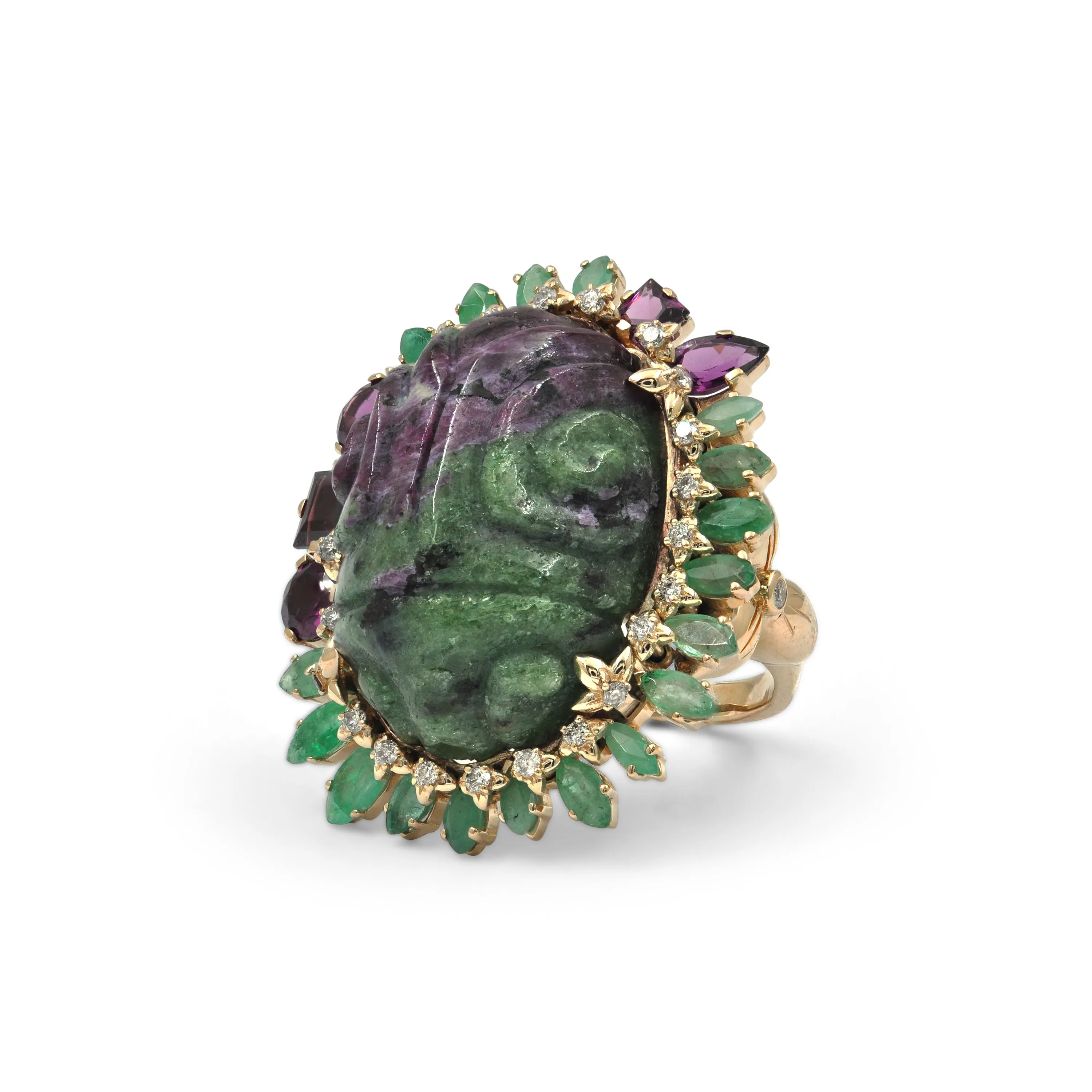 Luxury Hand Carved Ruby Zoisite 34ct Emerald Rhodolite Garnet and Diamond 0.25ct Ring in 18K Gold