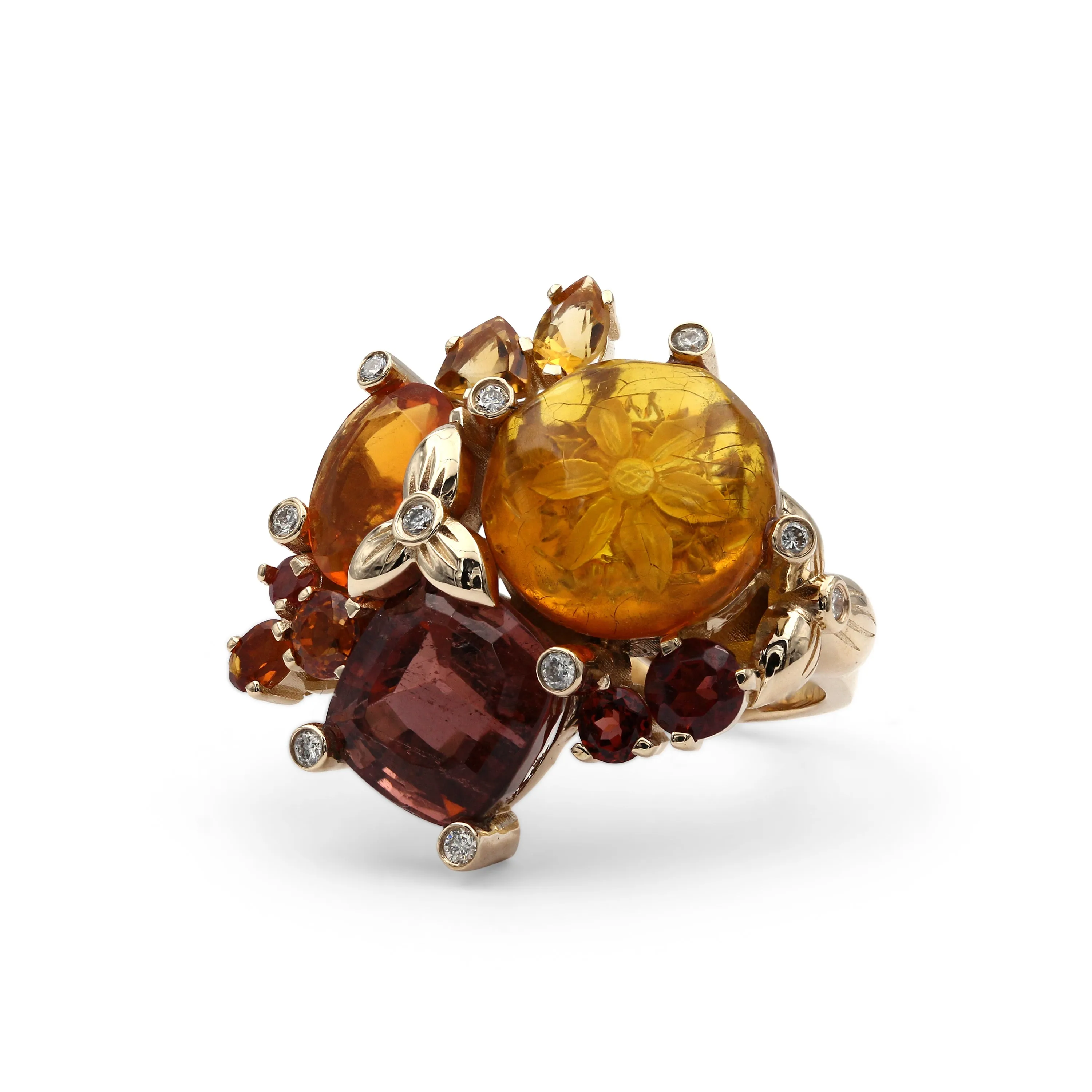 Luxury Pink Tourmaline 4.55ct Internally Carved Amber 2.2ct Fire Opal 0.95ct Garnet 0.45ct Orange Sapphire 0.45ct Citrine 0.40ct and Diamond 0.20ct Ring in 18K Gold