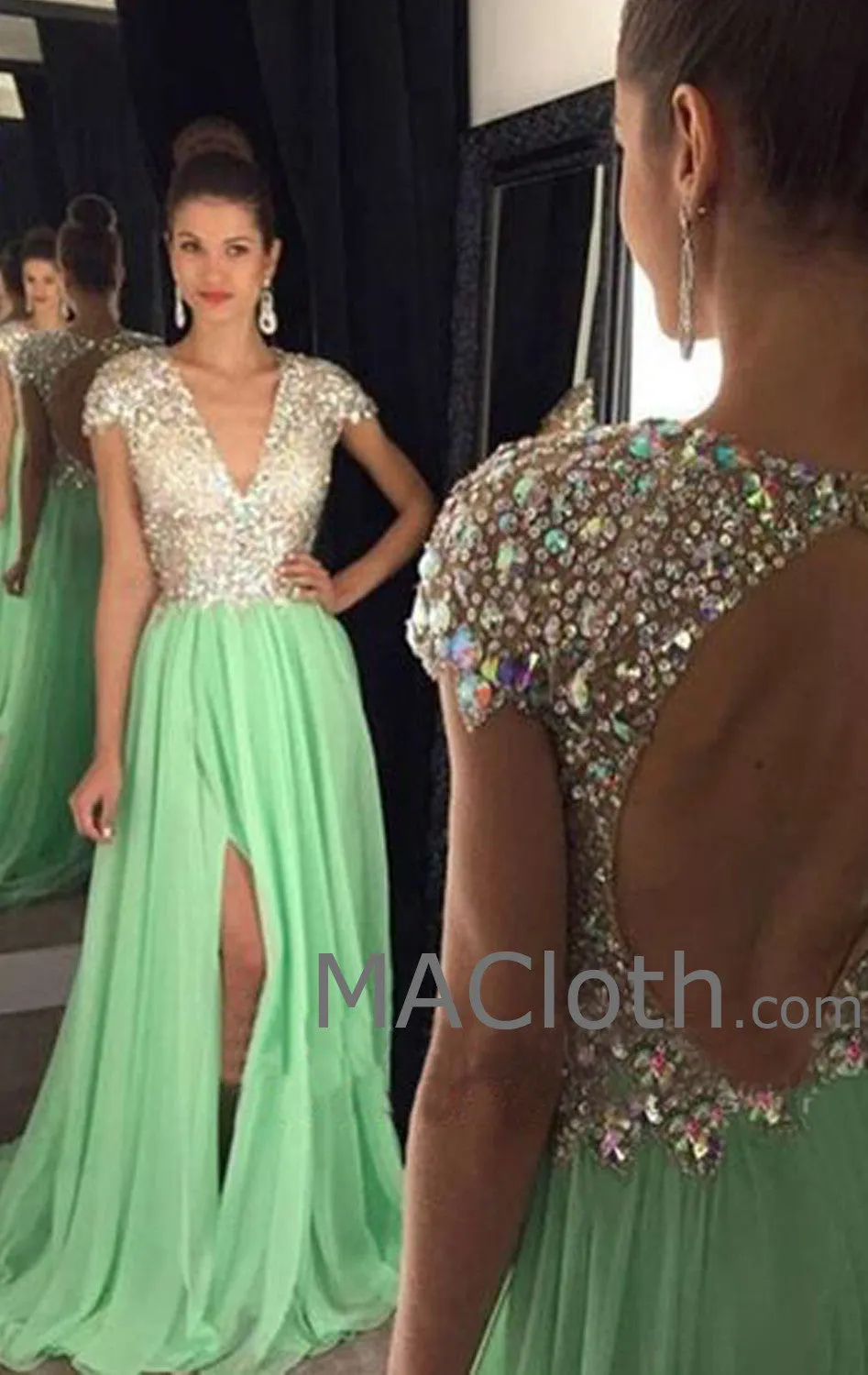 MACloth Cap Sleeves V Neck Crystals Chiffon Long Mint Prom Dress Evening Formal Gown
