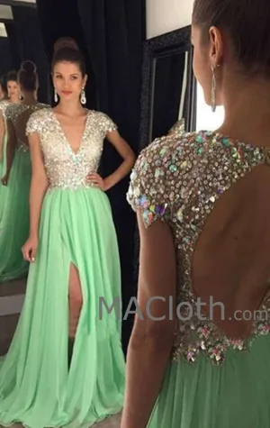 MACloth Cap Sleeves V Neck Crystals Chiffon Long Mint Prom Dress Evening Formal Gown