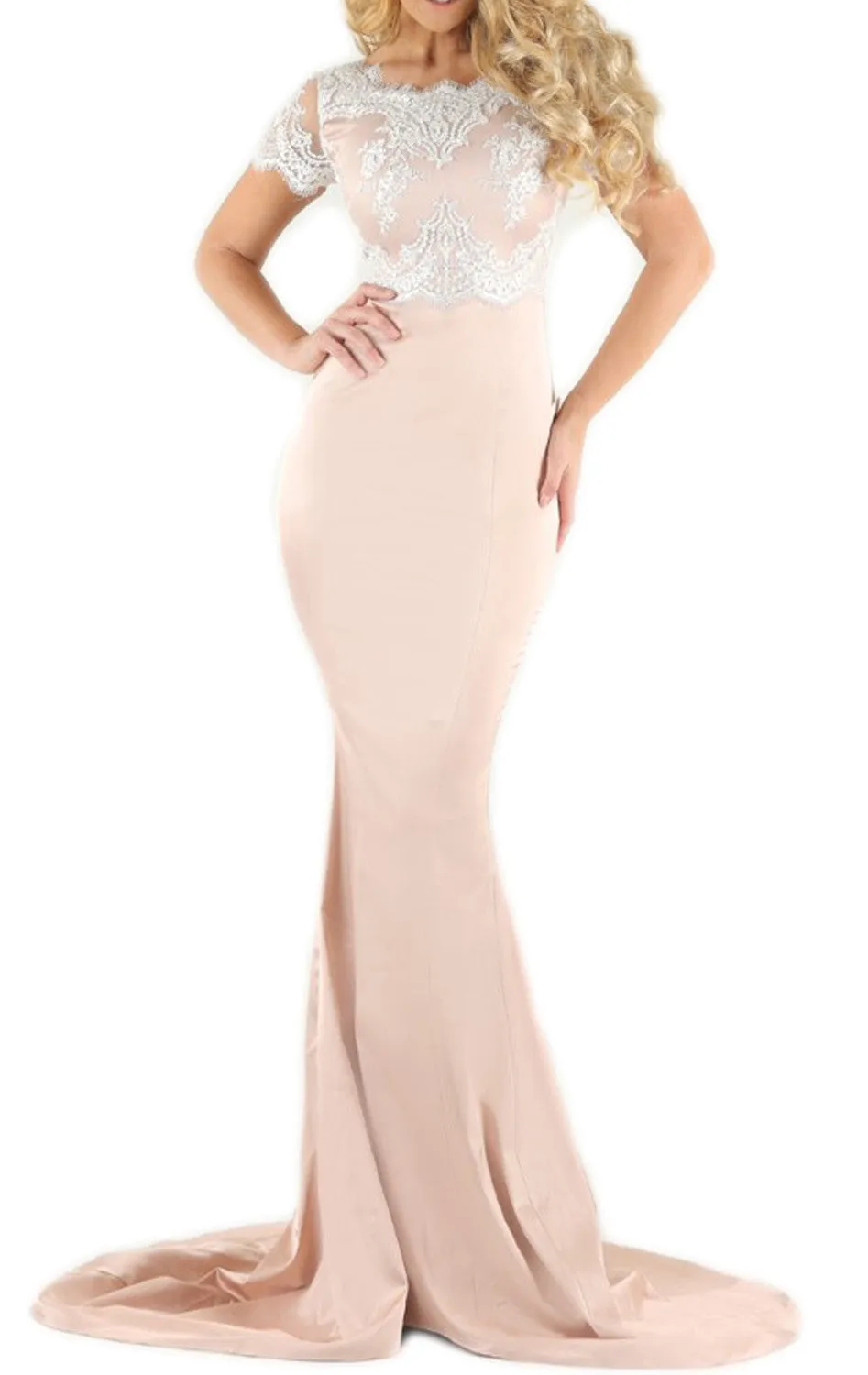 MACloth Mermaid Cap Sleeves Lace Jersey Lavender Prom Dress Sexy Formal Gown