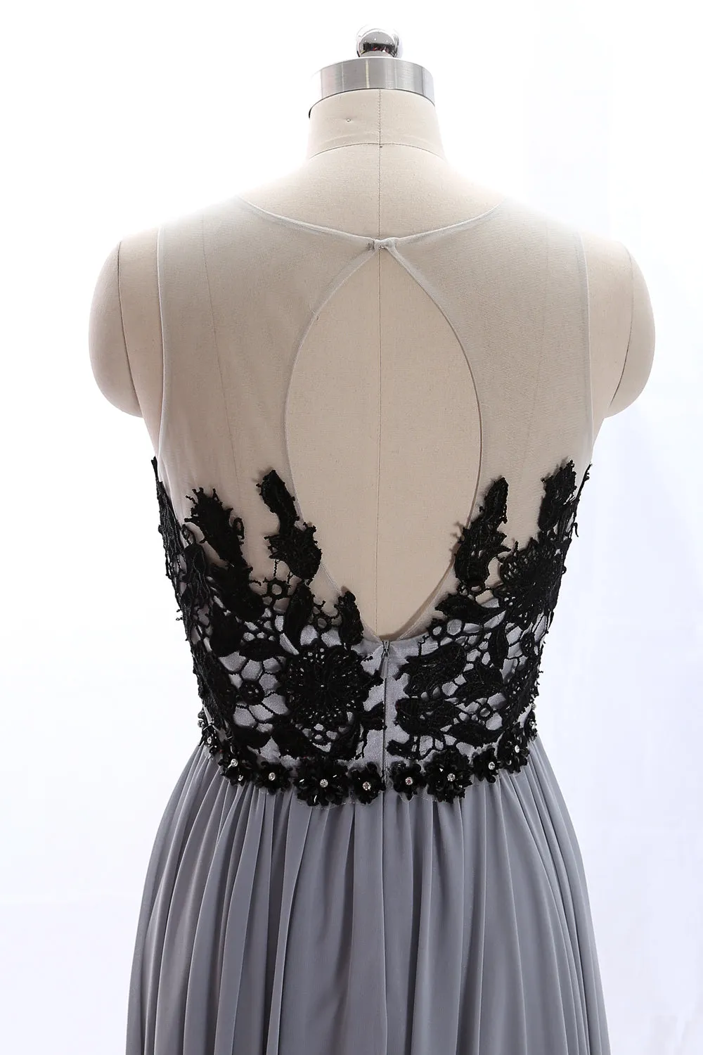 MACloth O Neck Lace Chiffon Gray Vintage Long Prom Dress Formal Evening Gown