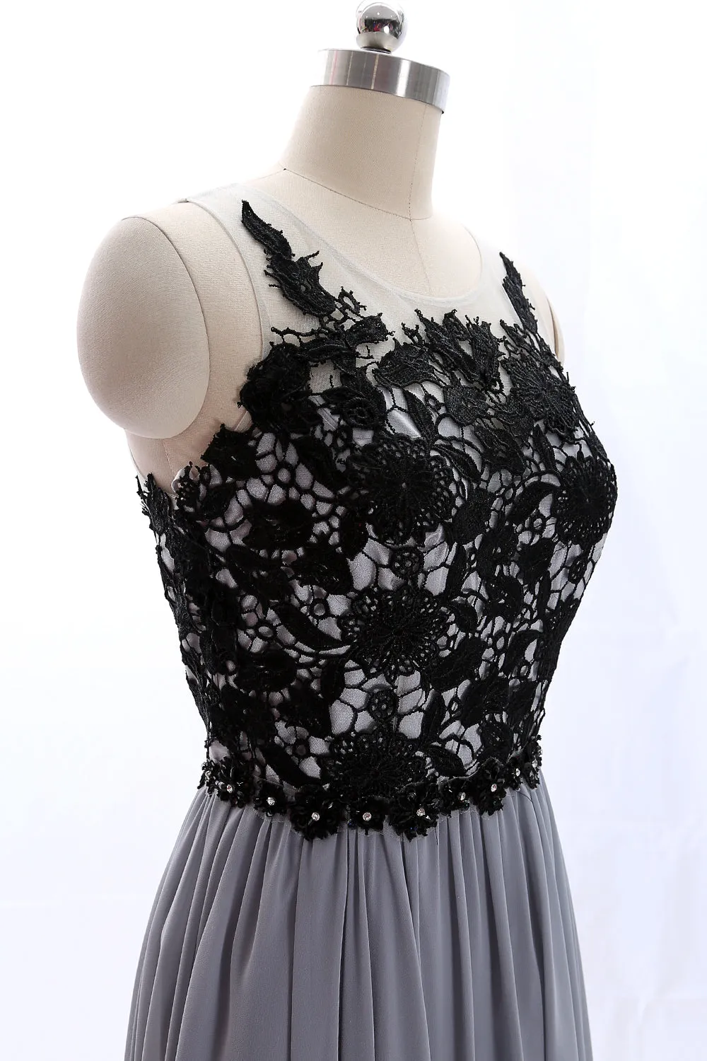MACloth O Neck Lace Chiffon Gray Vintage Long Prom Dress Formal Evening Gown