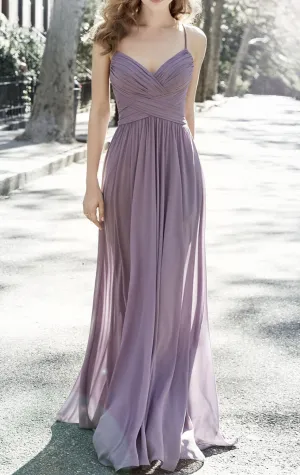 MACloth Spaghetti Straps V Neck Long Bridesmaid Dress Vintage Dusty Lavender Wedding Party Formal Gown