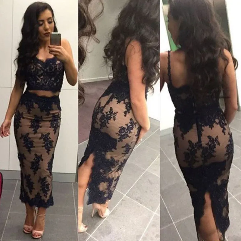 MACloth Two Piece Lace Tea Length Dress Vintage