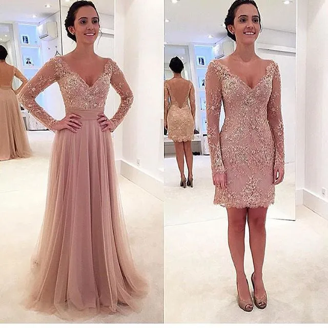 MACloth Two Piece Long Sleeves Lace Pearl Pink Evening Gown Wedding Party Dress