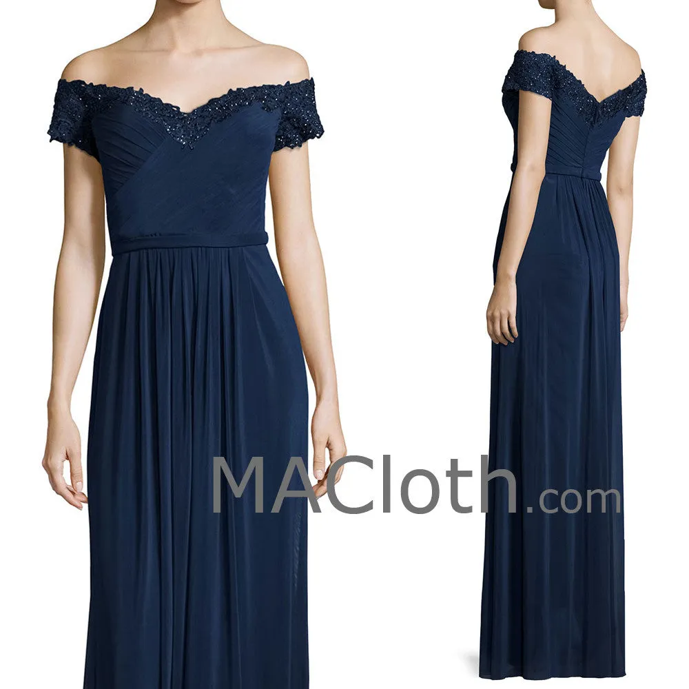 MACloth Women Off the Shoulder Lace JerseyDark Navy Mother of the Brides Dress Evening Gown