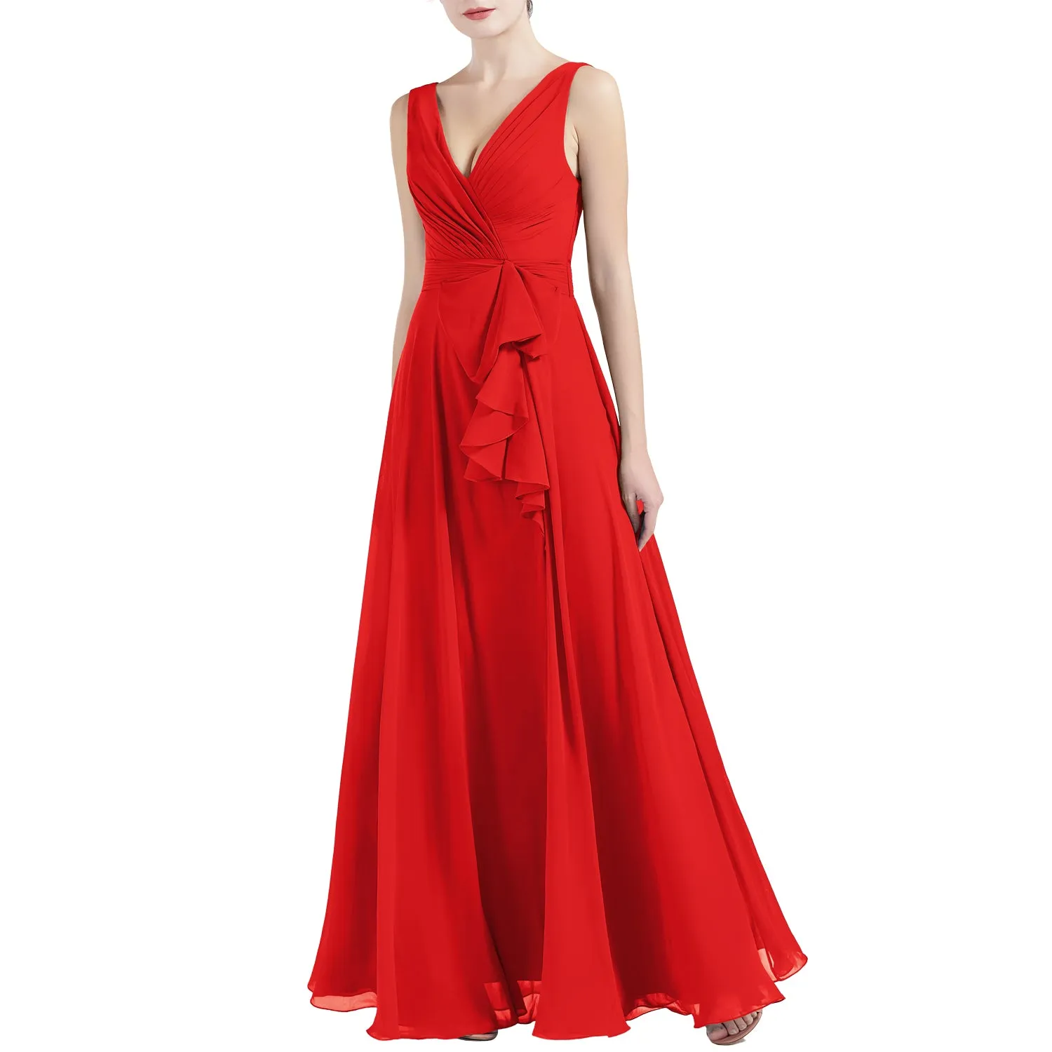 MACloth Women V Neck Long Pleated A Line Wedding Party Bridesmaid Dresses Slit